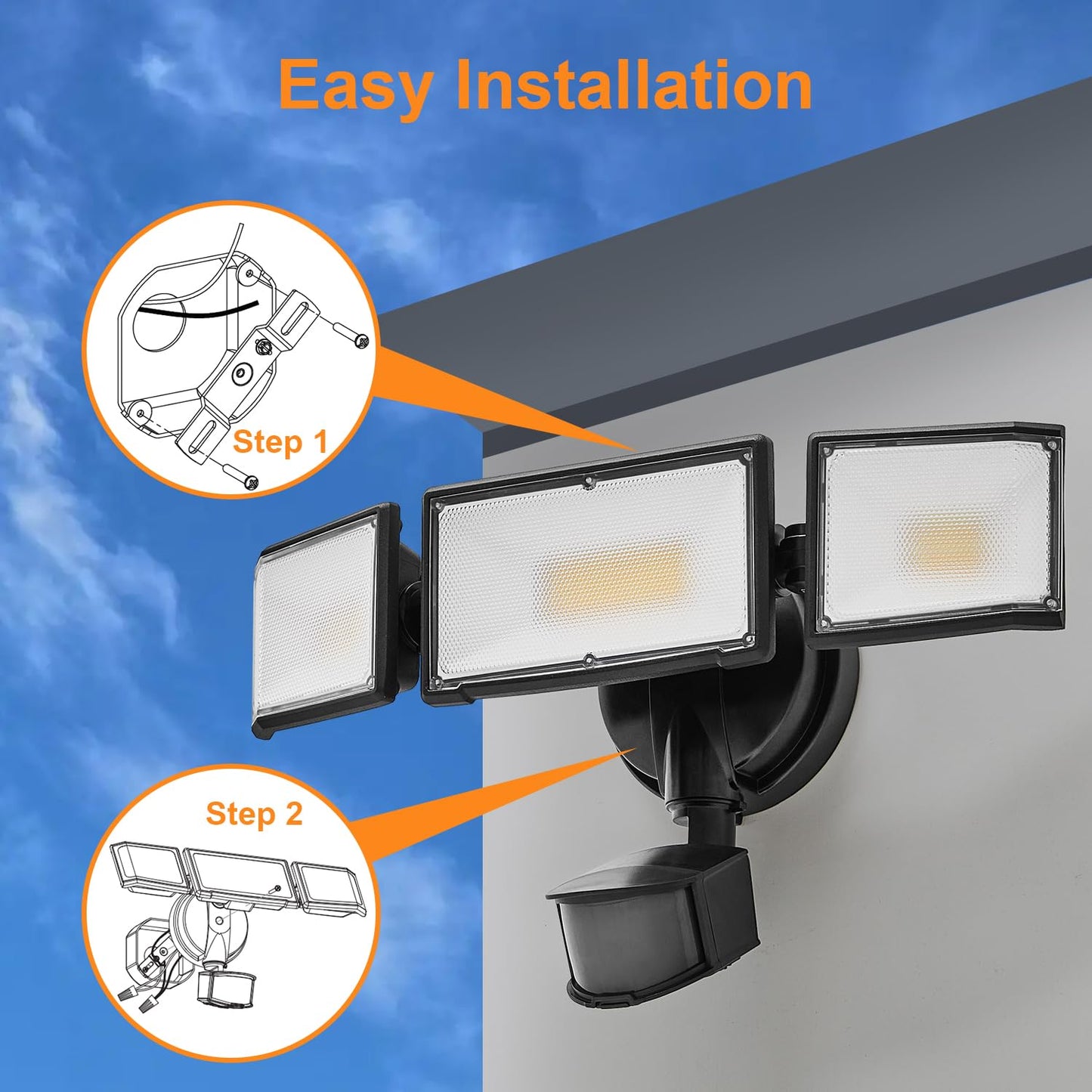 CELAVY 70W LED Security Lights with Motion Sensor Outdoor, 7000 Lumen Super Bright, 3000K/5000K Light, IP65 Waterproof, Dusk to Dawn, 3 Heads Motion Detected Flood Light Garage Yard Porch (Black)