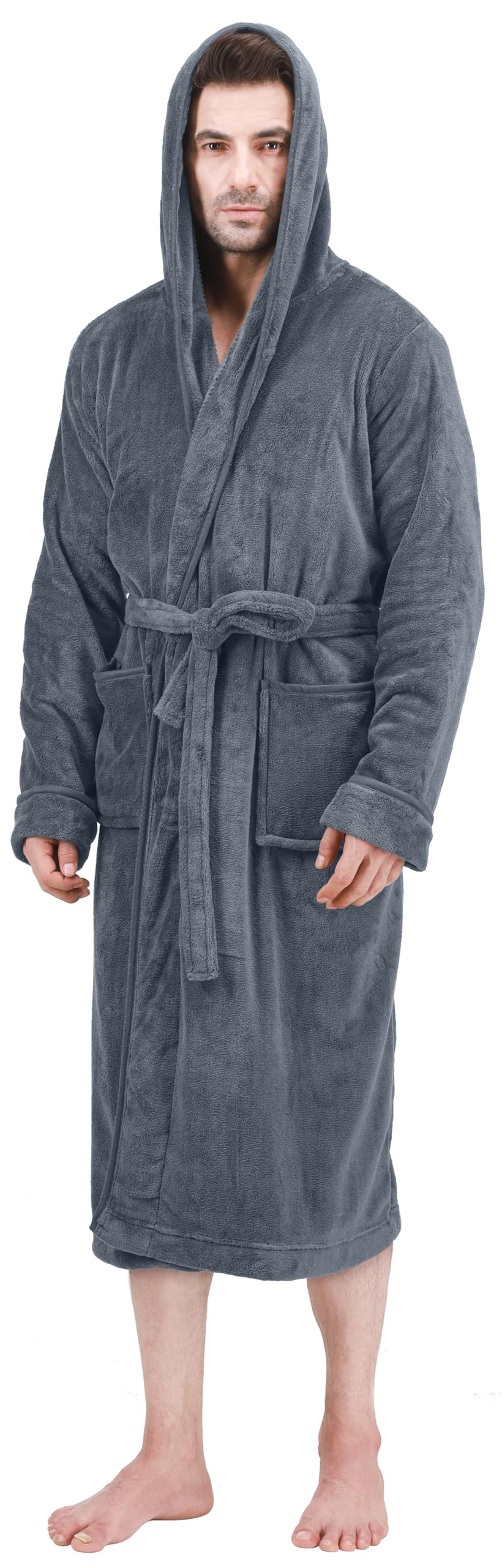 NY Threads Men's Hooded Fleece Bathrobe Plush Long Spa Robe, Grey, Large-X-Large