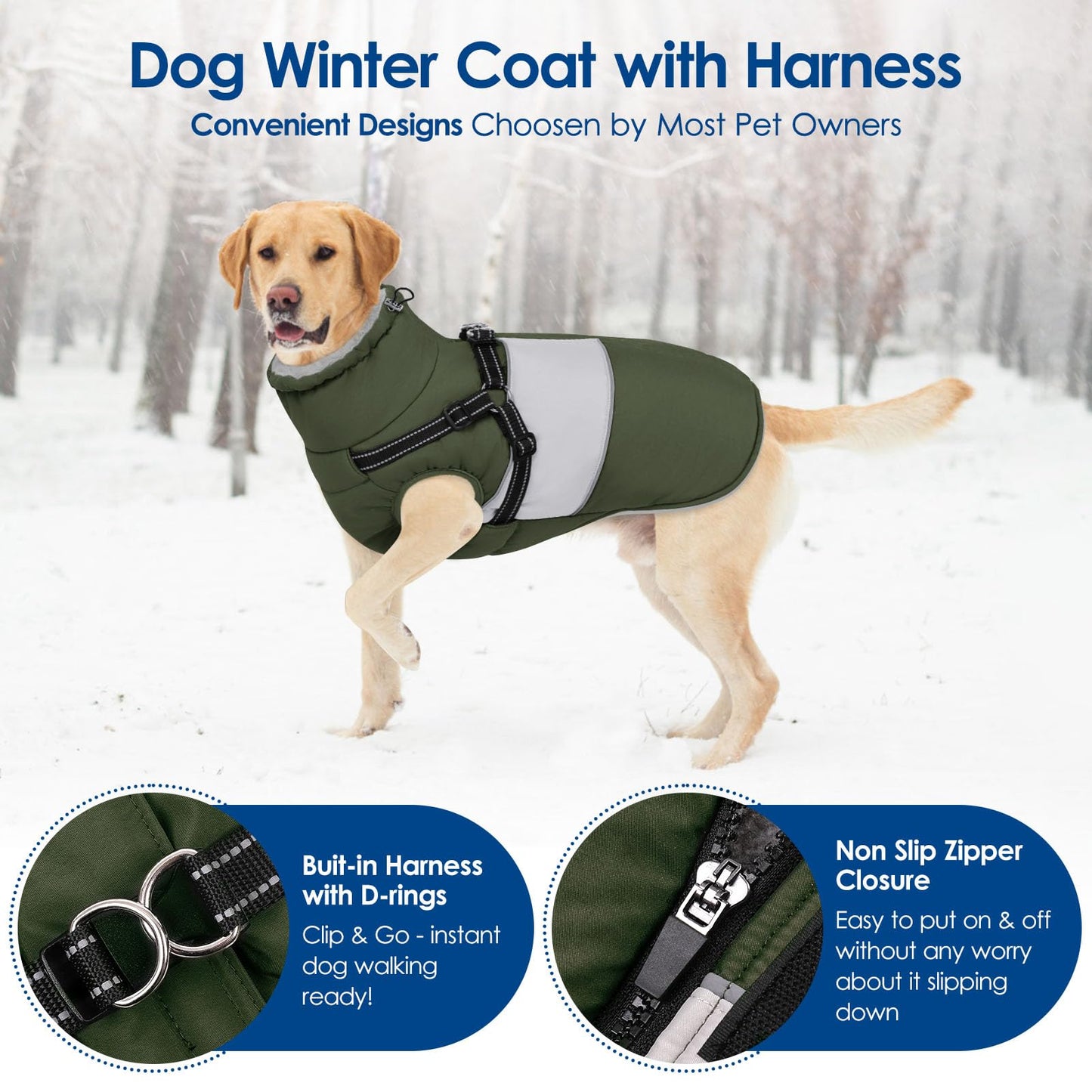 KOESON Dog Coat, Warm Dog Winter Coat for Giant Breeds, Waterproof Dogs Jacket with Harness, Reflective Pet Fleece Lined Puffer Jacket, Turtleneck & Windproof Coats for Great Dane, Golden Retriever