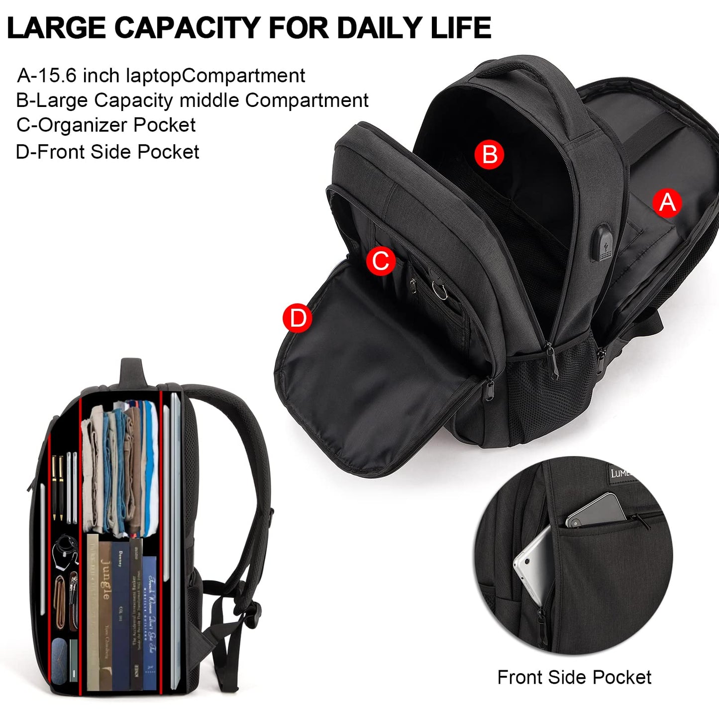 Laptop Backpack for Men,Water Resistant Travel Laptop Backpack with USB Charging Port,Anti Theft College School Backpack