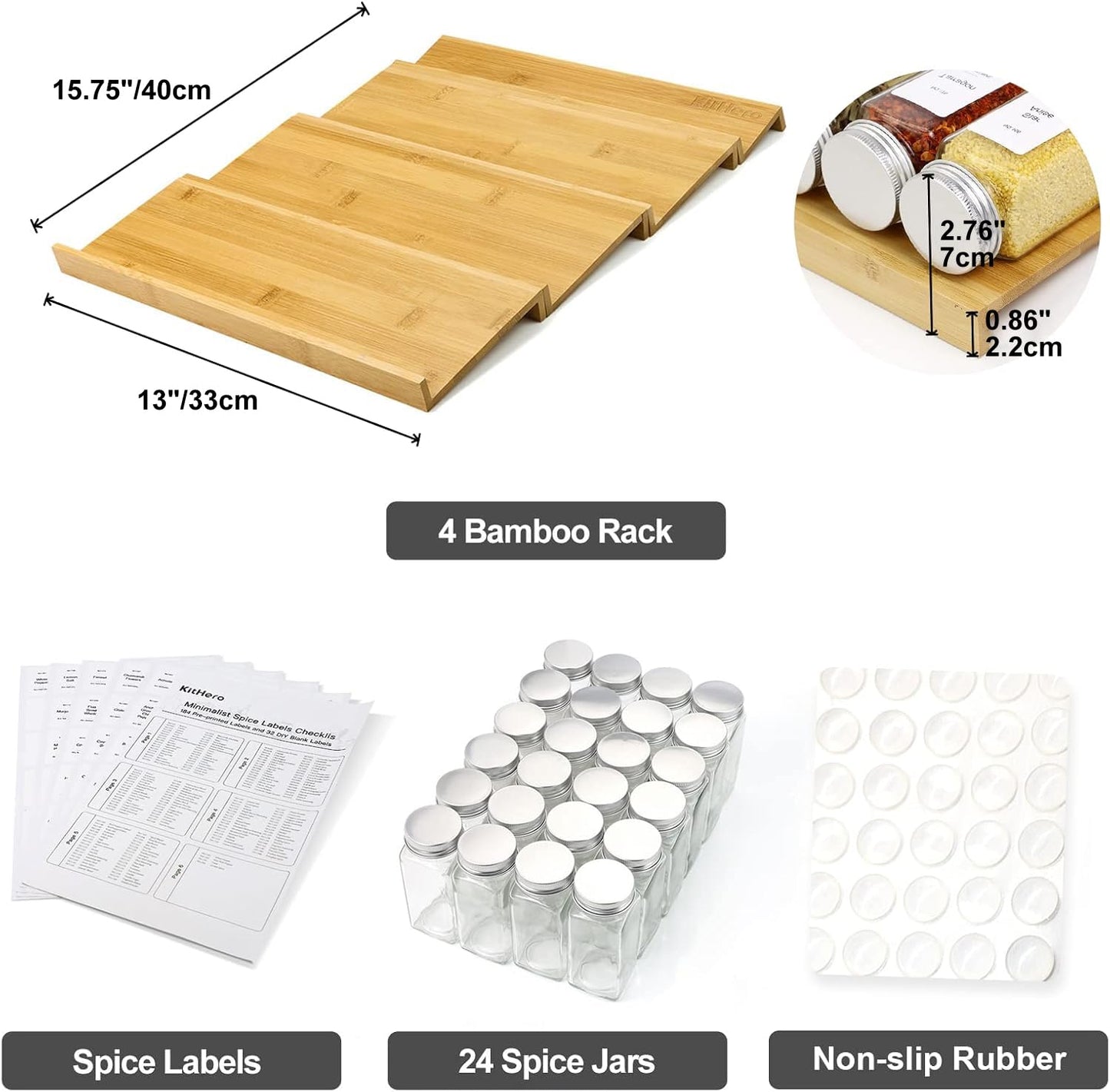 KitHero Spice Drawer Organizer with 24 Jars and 216 Labels,Non-slip Rubber, Bamboo 4 Tier Spice Racks Tray Seasoning Containers for Kitchen Drawers,Cabinets,Countertop,13" Wide * 15.8" Deep
