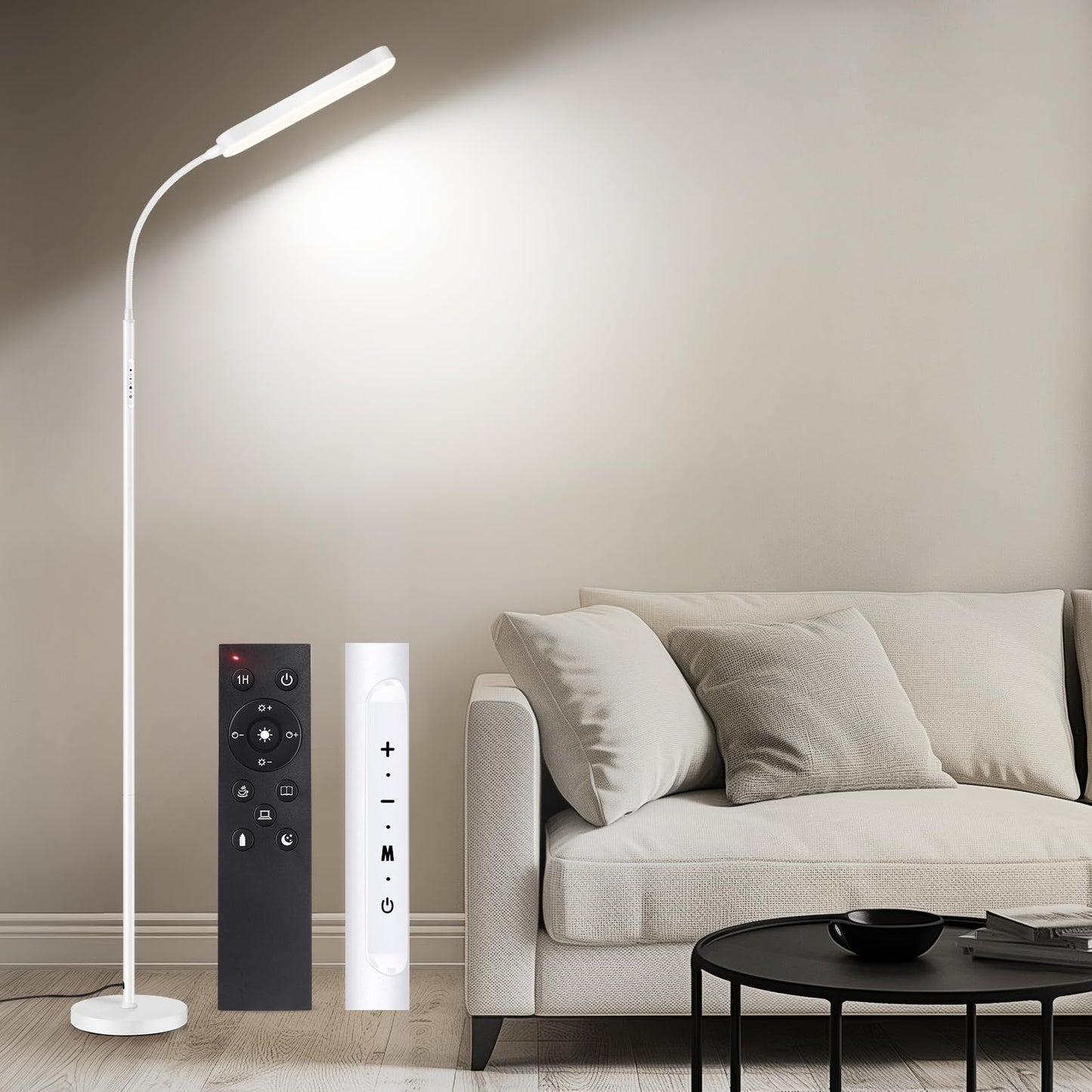 OUTON LED Floor Lamp 15W 1500LM, Dimmable Modern Standing Lamp with 4 Color Temperature, Remote & Touch Control, 1 Hour Timer, Adjustable Gooseneck for Reading Living Room Bedroom Office, White