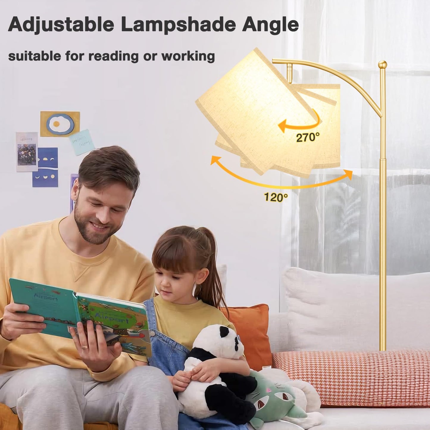 Ambimall 60" Floor Lamp with 3 Color Temperatures LED Bulb, Rotating Lamp Head, Foot Switch, Easy to Install, 9W Bulb Included, Modern Floor Lamp for Living Room, Bedroom, Study Room, Nursery (Gold)
