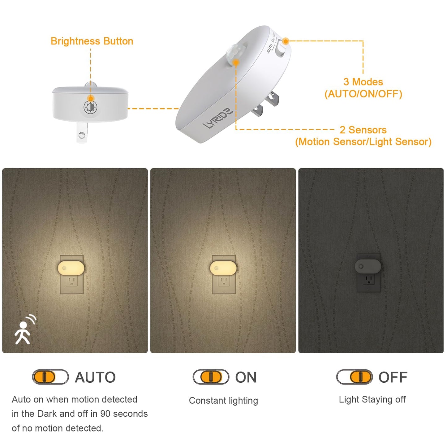 Lyridz Motion Sensor Night Light, Superior Bright 1-120LM Plug-in Nightlight Smart Warm White LED Light with Stepless Adjustable Brightness for Bedroom, Kitchen, Stairs, Hallway, 6 Pack