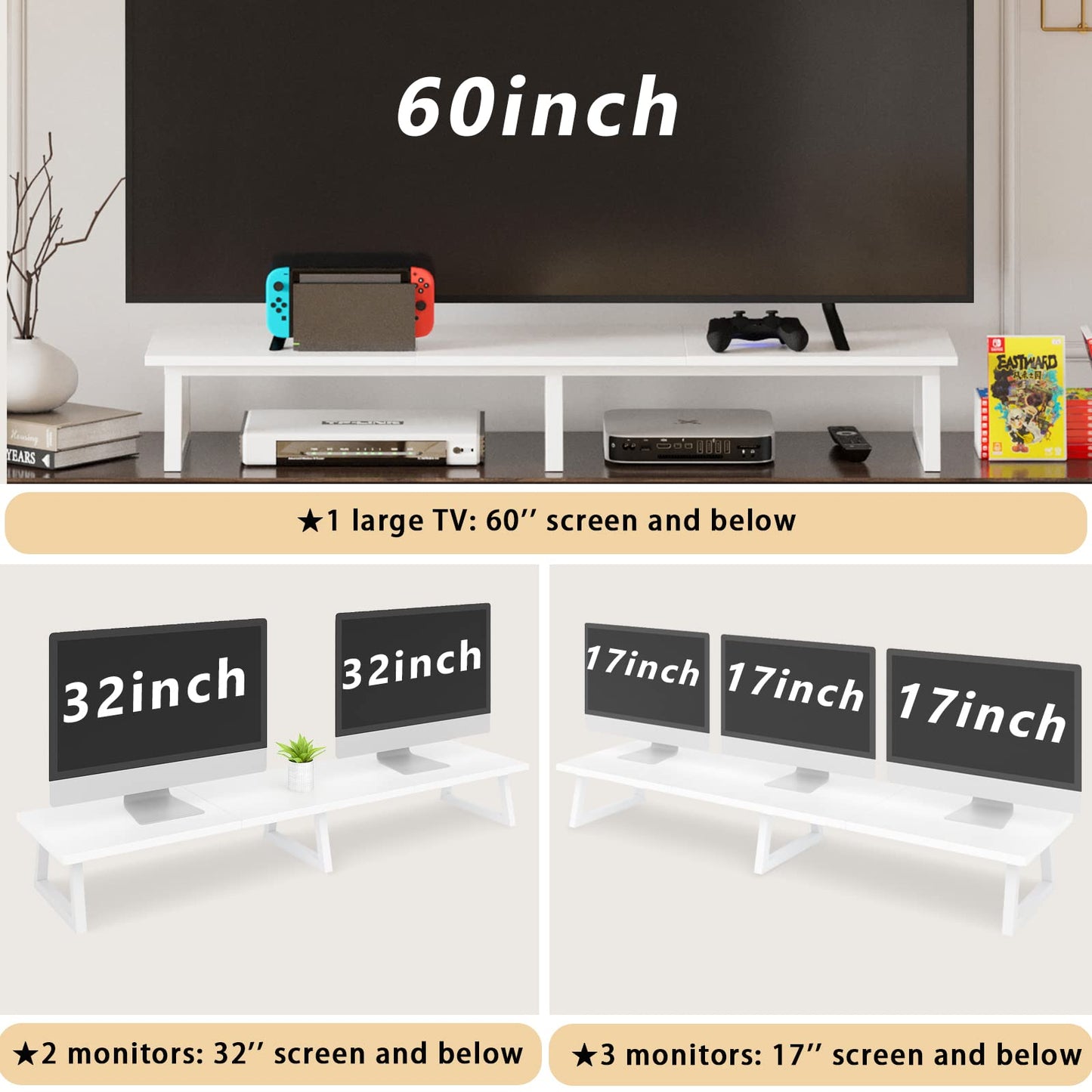 TEAMIX 42 inch White Monitor Riser for 2 Monitors, Wood Desktop Dual Stand with Metal Legs, Long Screen/PC/Laptop Storage,Computer Shelf TV Holder Home Office