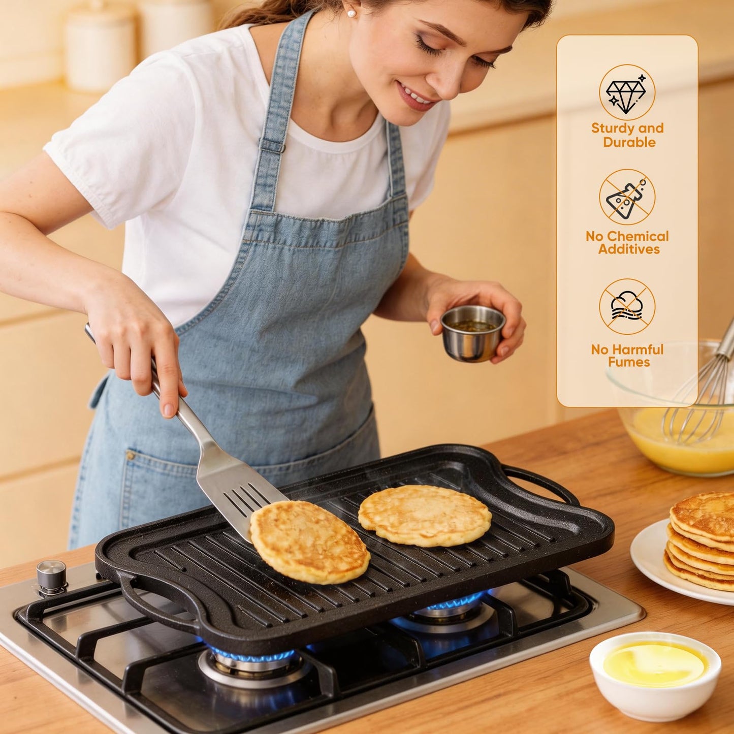 Dayacoco Cast Iron Griddle, Reversible Grill Pan, 16.5" x 9.8" Non-Stick BBQ Grill Pan with Handles, Dual Handle Flat Skillet Pan for Gas Stovetop Open Fire Oven