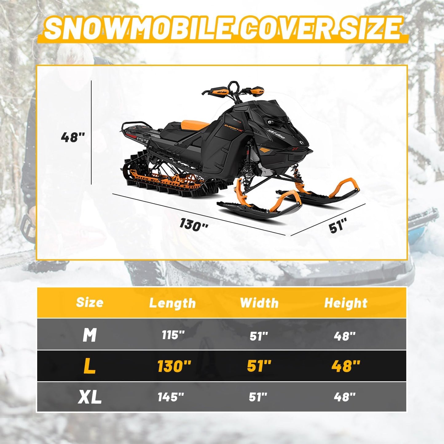 AUTOLION Waterproof Snowmobile Cover, Compatible with Polaris Ski Doo Arctic Cat Yamaha, Windproof Snowshield Cover with Windproof Buckles (130''L × 51''W × 48''H) Black and Orange
