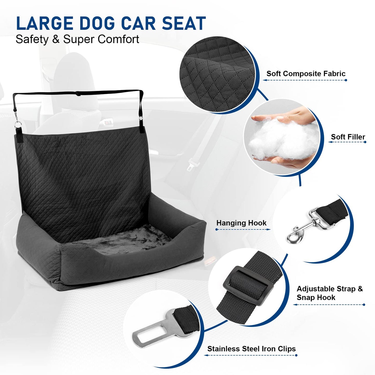Bnonya Dog Car Seat, Pet Car Seat for Large Dogs, Safe and Comfortable Dog Car Bed Medium Under 60lbs, Multipurpose Design Washable Dog Car Seat with Non-Slip Base