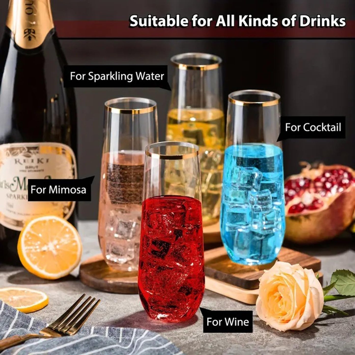 Jodoniz 24 Pack Plastic Champagne Flutes Disposable 9 Oz Stemless Clear Plastic Champagne Glasses Plastic Mimosa Glasses with Gold Rim Heavy Duty Unbreakable for Party Wedding Birthday