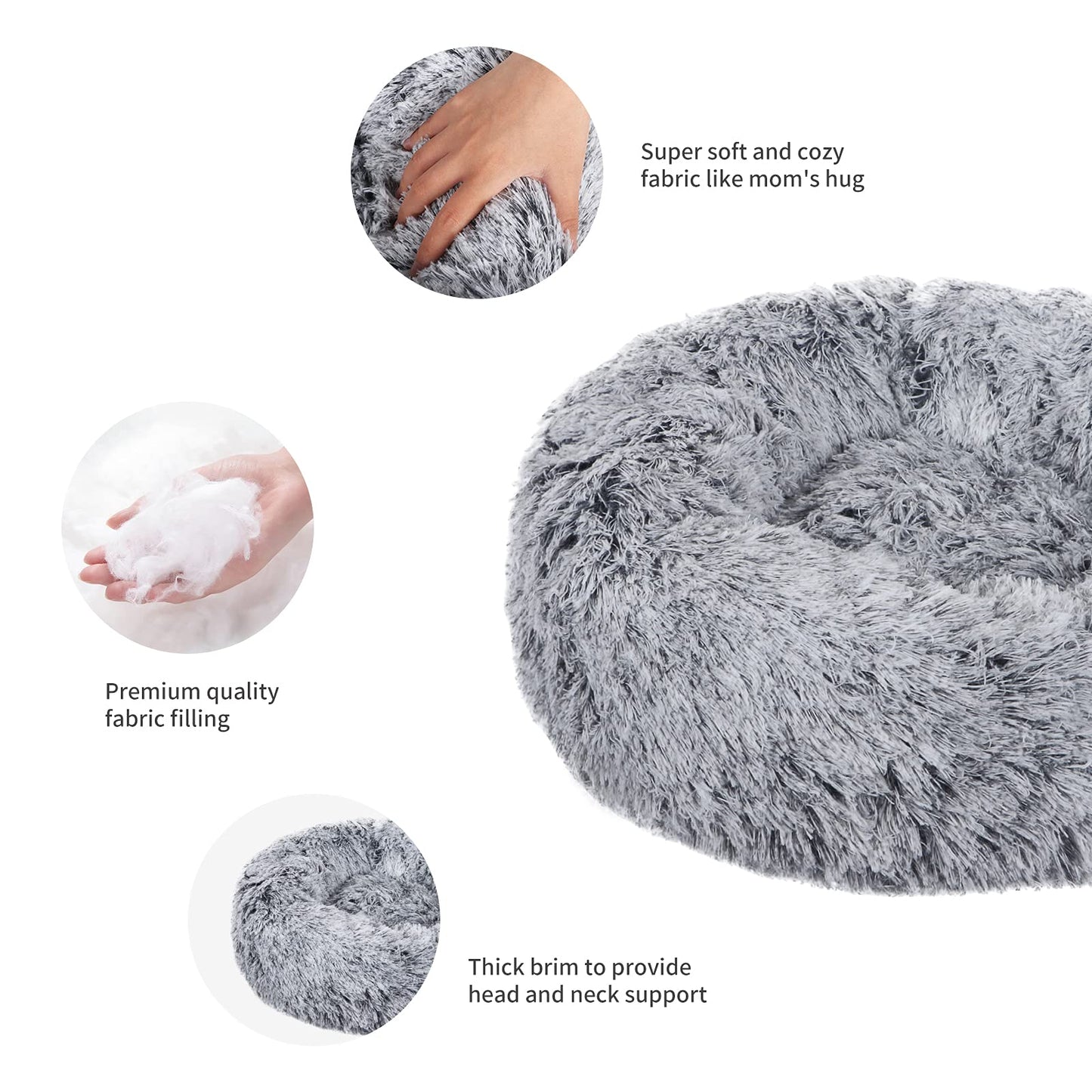 Vetasac Donut Dog Bed, Cat Calming Bed Anti-Anxiety Round Fluffy Faux Plush Soft Warming Cushion Sofa Beds for Small Medium Large Dogs Cats Washable JD003 (31 inch, Gradient Grey)