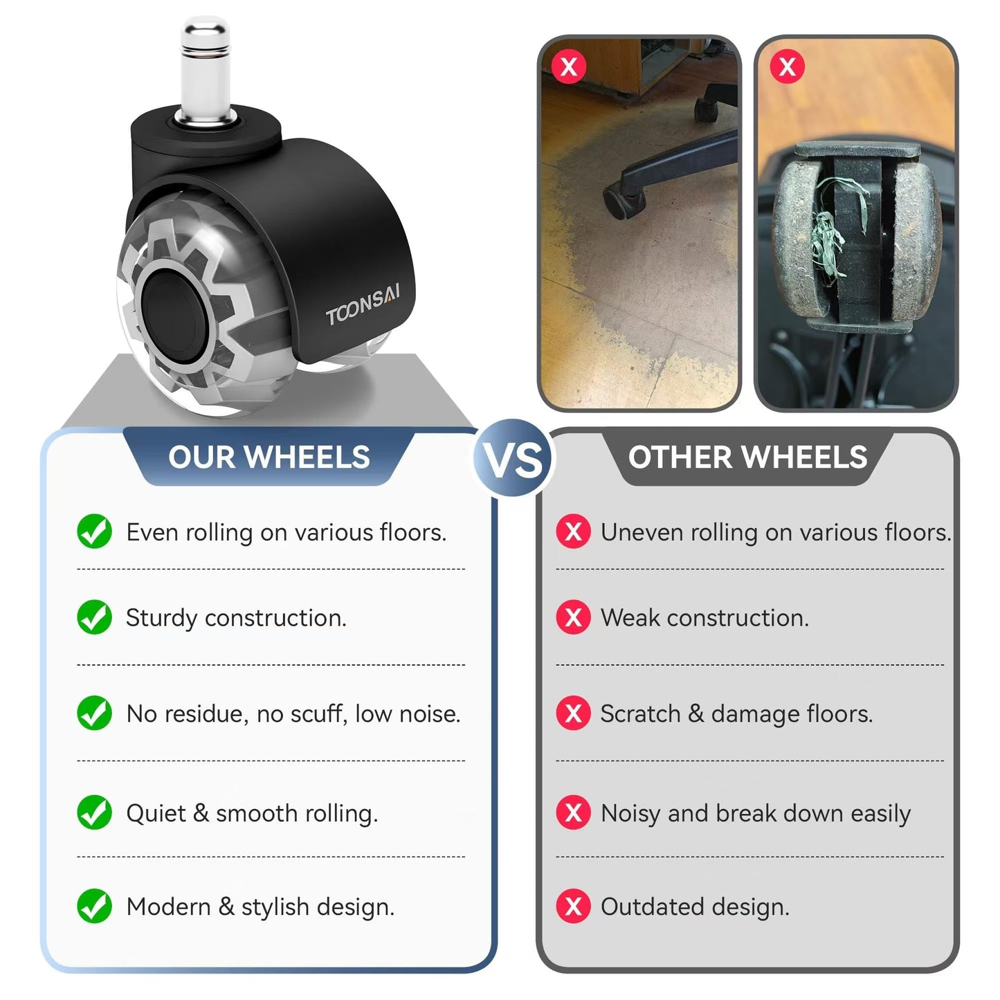 2 Inch Replacement Office Chair Wheels for IKEA Chairs, (Stem 3/8-7/8"), Set of 5,880LB(400kg) Capacity, Quiet Rubber Caster Wheels for Hardwood Floors.