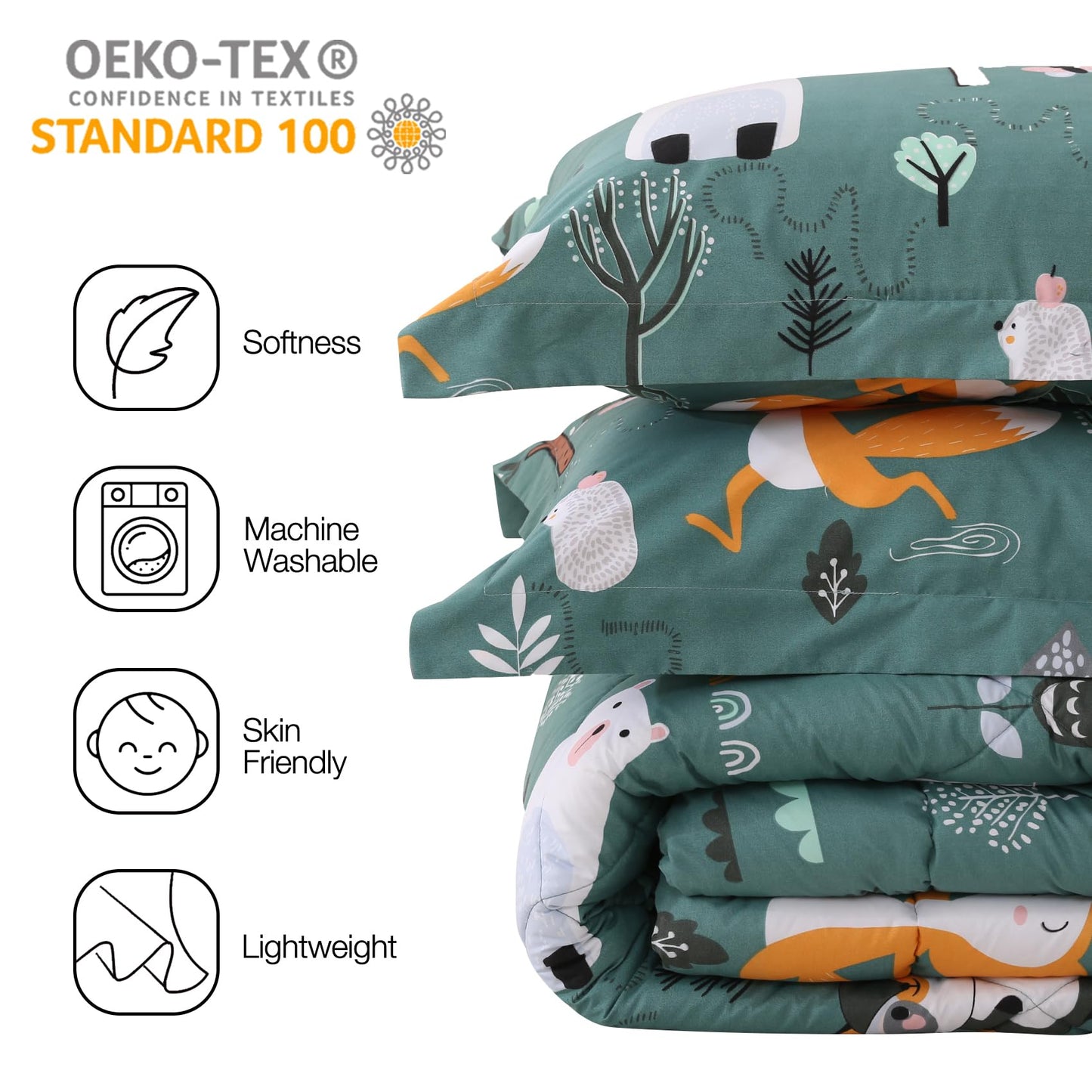 JSD Green Animal Forest Kids Comforter Set, 2 Pieces Twin Microfiber Comforter with Pillow Sham, Soft Comfortable Machine Washable