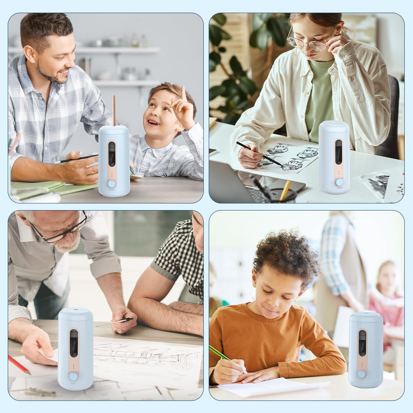 Deli Electric Pencil Sharpener, Fully Automatic Pencil Sharpener, Auto in & Out, Rechargeable Hands-Free Pencil Sharpener for 6.9-12mm, Home, Classroom, Battery Operated, Blue