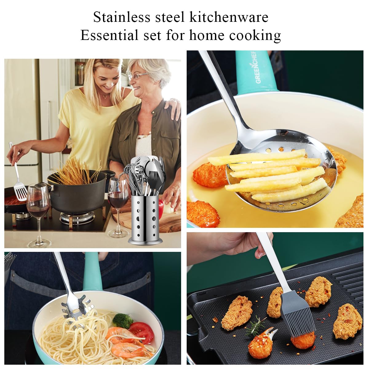 ReaNea Stainless Steel Kitchen Utensils Set 40 Pieces, Cooking Utensil Set with Utensils Holder, Kitchen Gadgets Kitchen Essentials New Home, House, Appartment Must Have, Metal Spatula Set