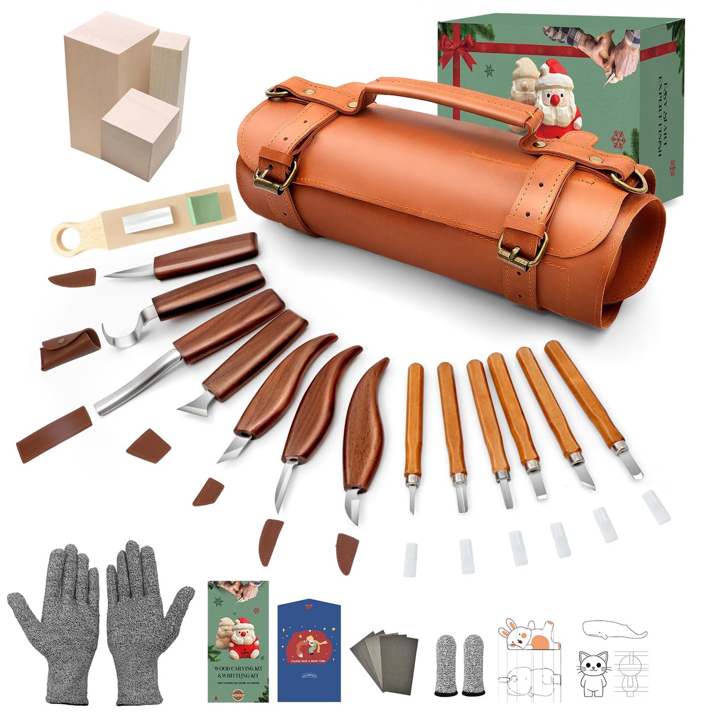COZYGIFT Wood Carving Kit for Adults & Kids, 35PCS Whittling Knife Set with Video Tutorials - 3 Basswood Blocks, Pattern Sheets, Hook Knife & Leather Strop. Best DIY Craft Gift for Beginners