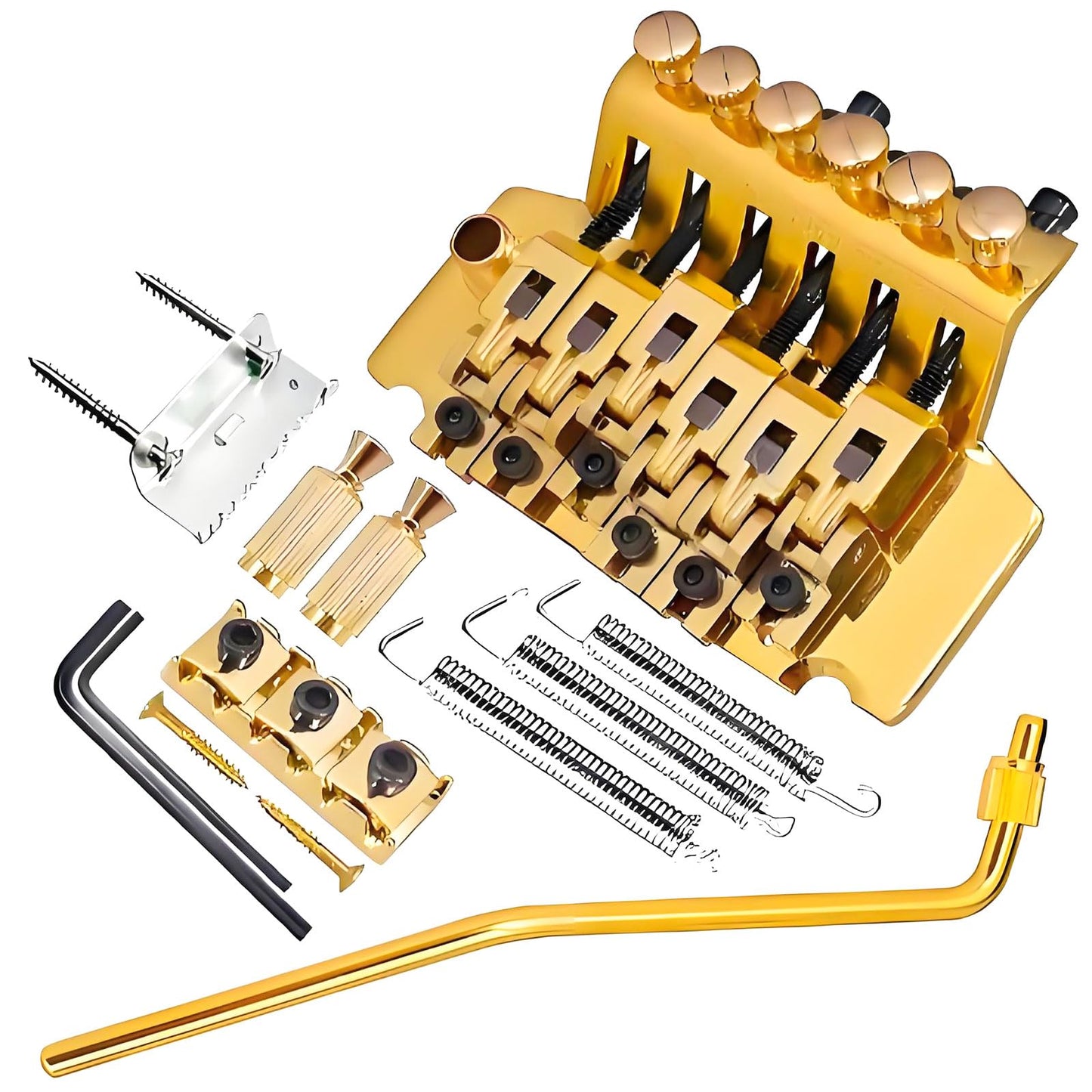 Double Locking Tremolo Bridge System with Arm - Compatible with Floyd Rose & Strat Replacement| Chrome Upgrade Kit for Electric Guitars (Gold)