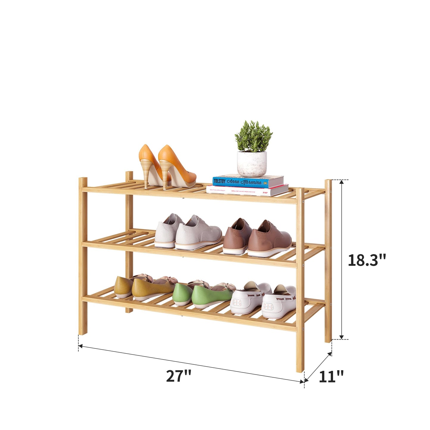 FILWH Bamboo Shoe Rack Stackable Shoe Shelf Storage Organizer for Unit Entryway Hallway and Closet Sturdy Freestanding Shoe Shelf (Natural, 3-Tier/27 * 11 * 18.3IN)