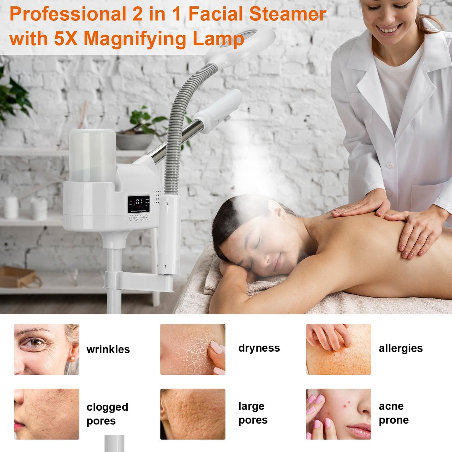 Professional Facial Steamer with 5X Magnifying Lamp, 2 in 1 Facial Steamer Upgrade PTC Heating, Esthetician Steamer Hot Mist Face Steamer for Salon Spa Beauty Skin Care