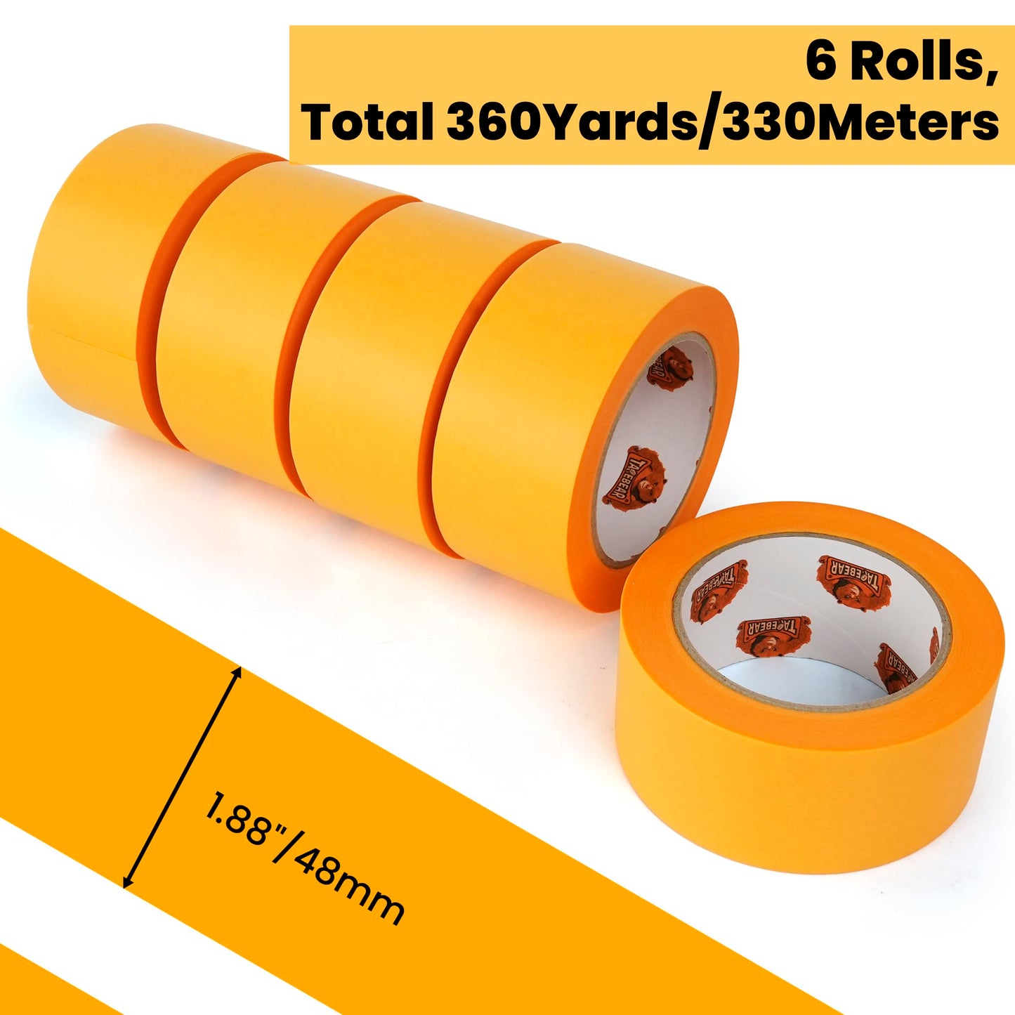 TAPEBEAR Delicate Surface Advanced Masking Tape 1.88" x 55m, Orange Washi Tape Indoor Painters Tape Decorating with No Paint Bleed, Sharp Lines, Surface Damage-Free, Low Tack, 6Rolls