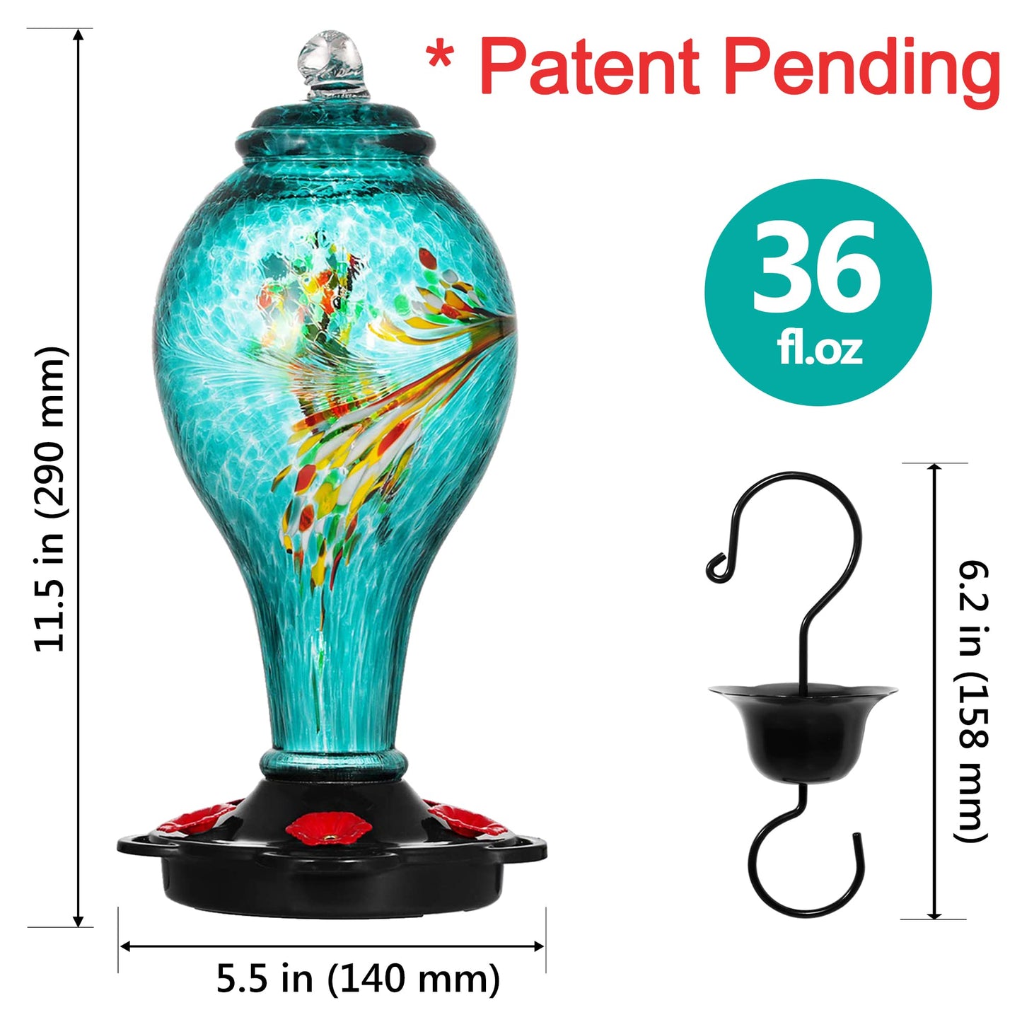 LUJII Hand Blown Glass Hummingbird Feeder for Outdoors Hanging, Leakproof, Never Fade, 36 fl.oz, 5 Feeding Metal Stations, Much Bigger, Garden Backyard Decoration, Great Gift for Bird Lover, Blue