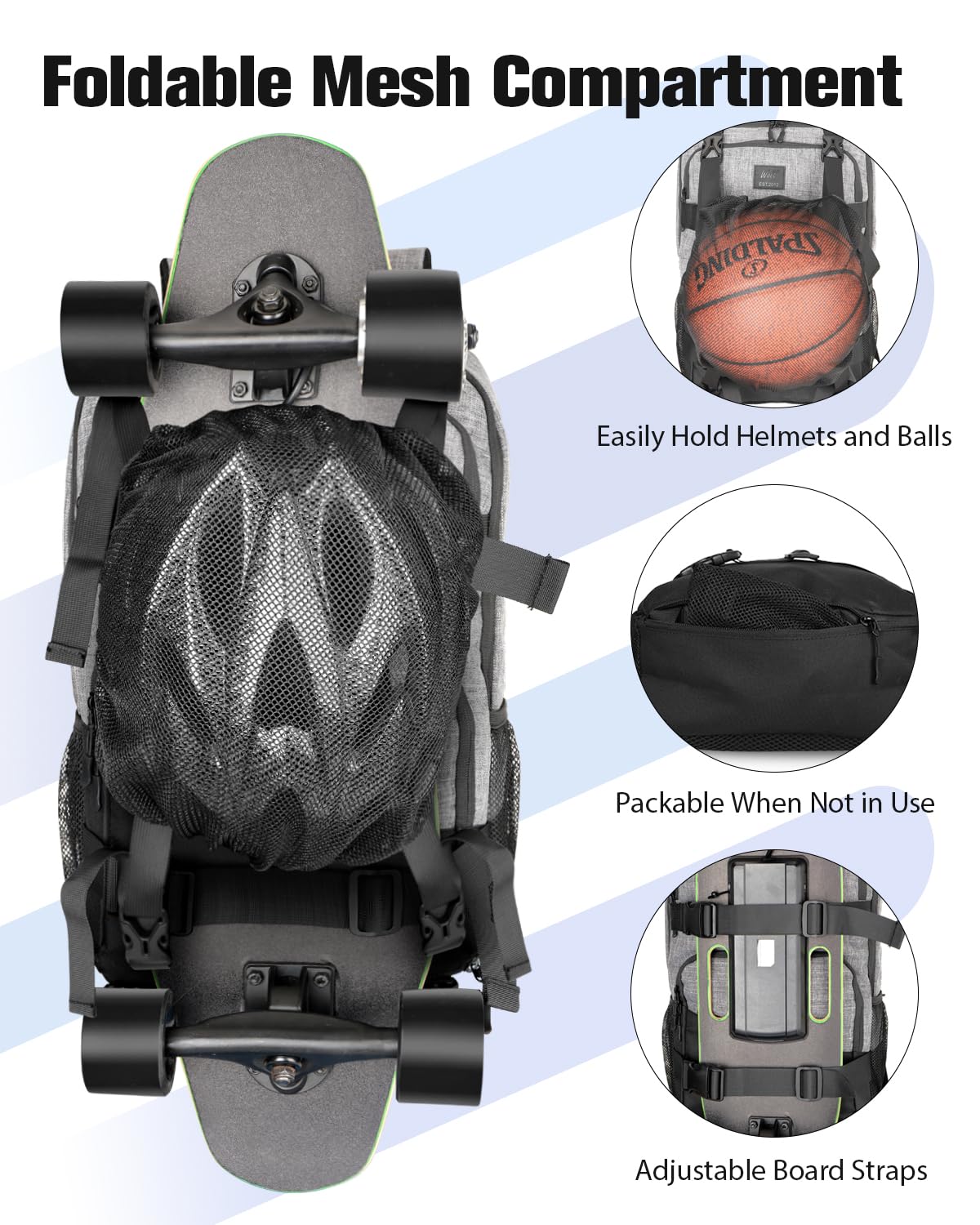 WOLT Skateboard Backpack, 15.6 Inch Laptop Backpack for Men Women, Sports Backpack with Ball Holder, Grey, One Size, Skateboard Backpack