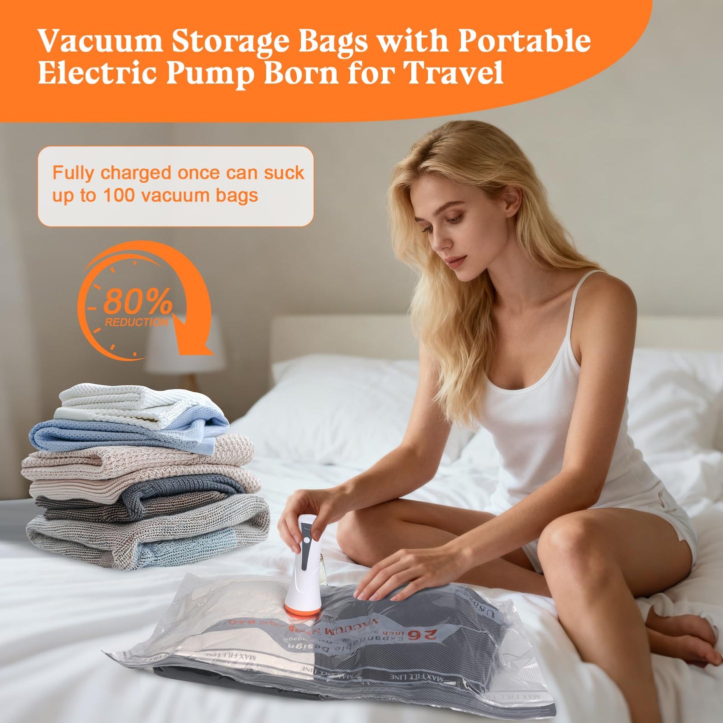 Vacuum Storage Bags for Travel with Rechargeable Air Pump, 16 Pack Compression Packing Bags 80% Space Saver Vacuum Seal Bags for Clothing, Blankets, Comforters, Pillows, Suitcase and Luggage