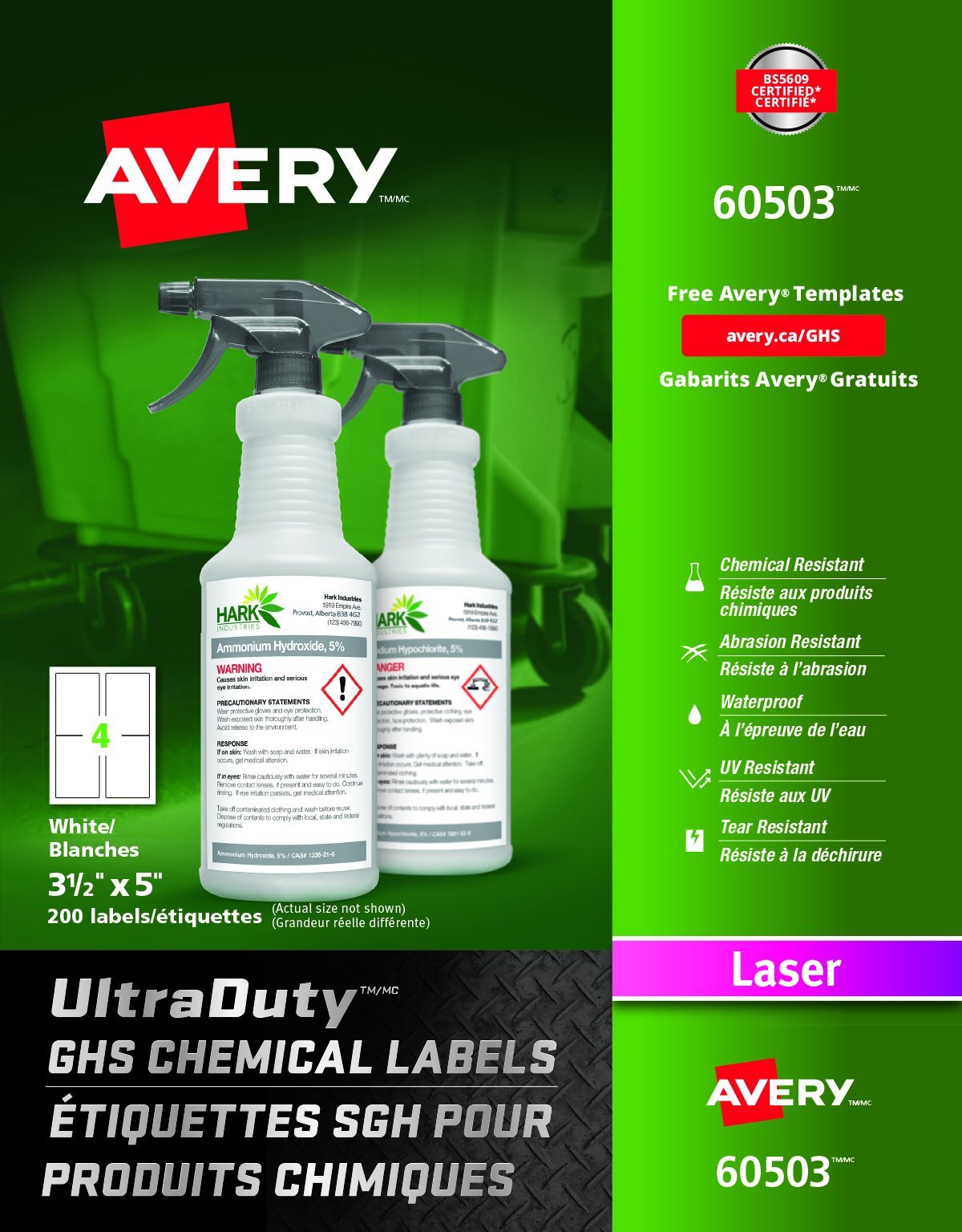 Avery UltraDuty GHS Chemical Labels, 3-1/2" x 5", for Laser Printer, Permanent White, Rectangle, 200 Waterproof & UV Resistant Labels, (60503)