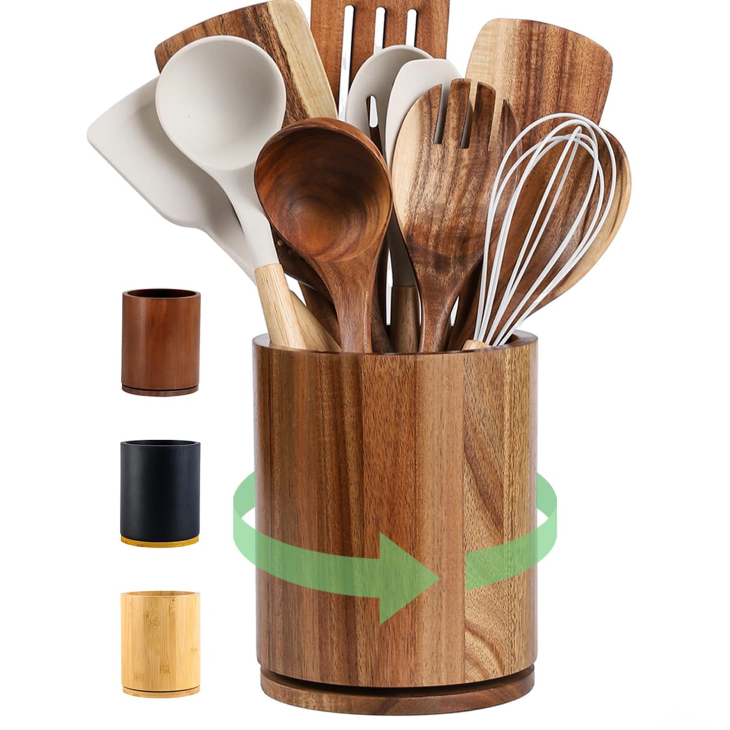 Wooden Utensil Holder, 360°Rotating 7.3'' Large Utensil Holder for Kitchen Counter, Kitchen Utensil Organizer, Cooking Utensil Crock, Farmhouse Kitchens Countertop Decor, Acacia Wood