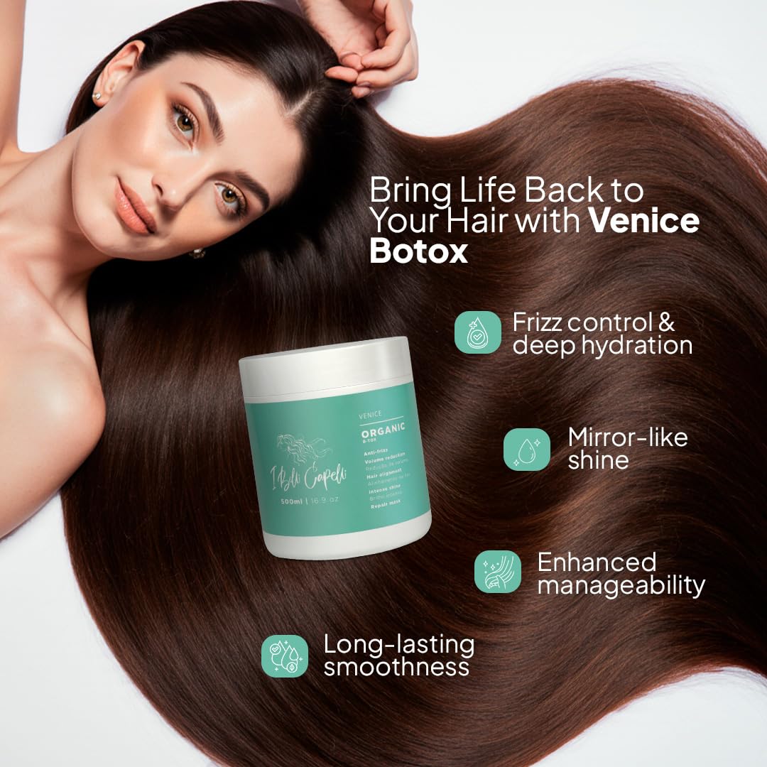 I Belli Capelli Venice Hair B-tox Organic - B-tox Capilar Para El Cabello - Organic & Natural Brazilian Keratin Treatment - Anti-Frizz, Volume Reduction, Smoothing- Argan Oil, Collagen-17.7 oz/500 g