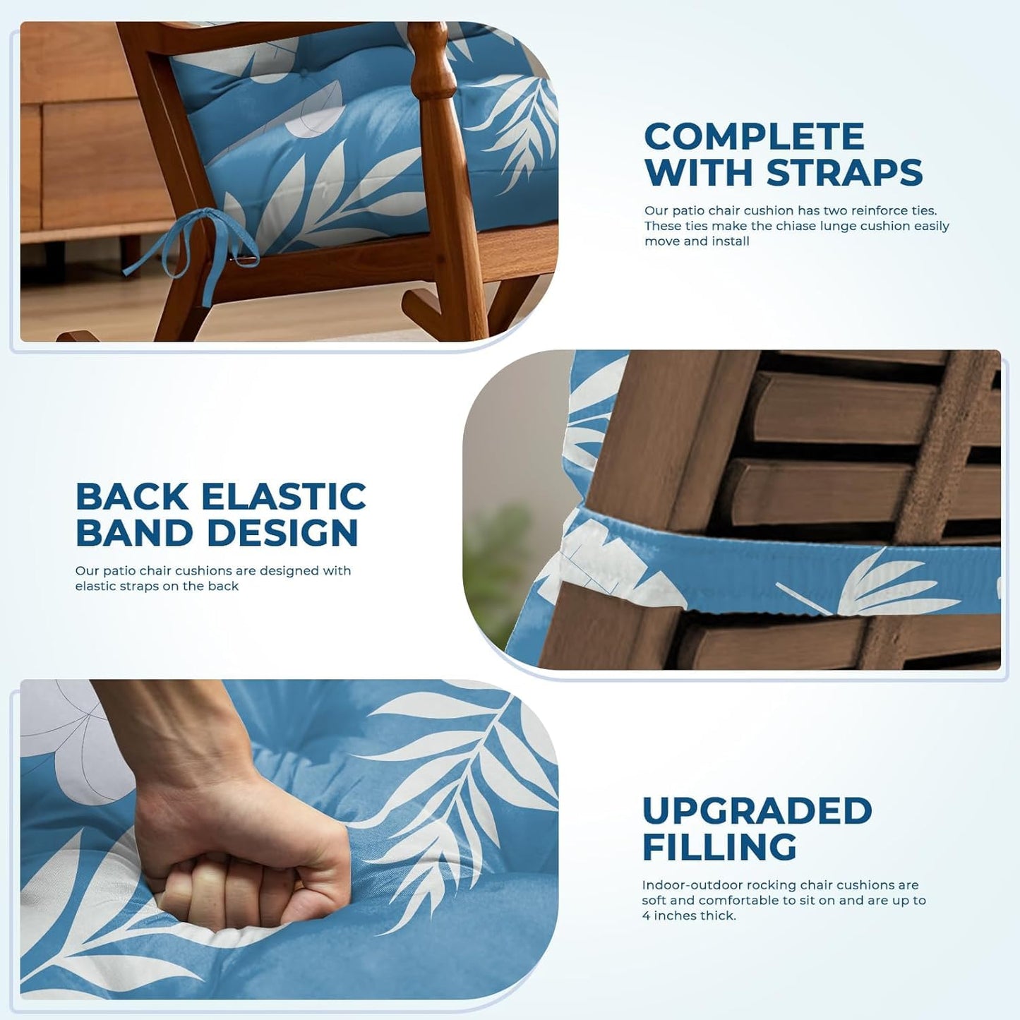 Waterproof Adirondack Chair Cushion, Thickened Adirondack Rocking Chair Cushion，Indoor Outdoor Rocking Chair Cushions High Back Patio Chair Cushions with Ties，43x19x4 Inches, Blue Leaf