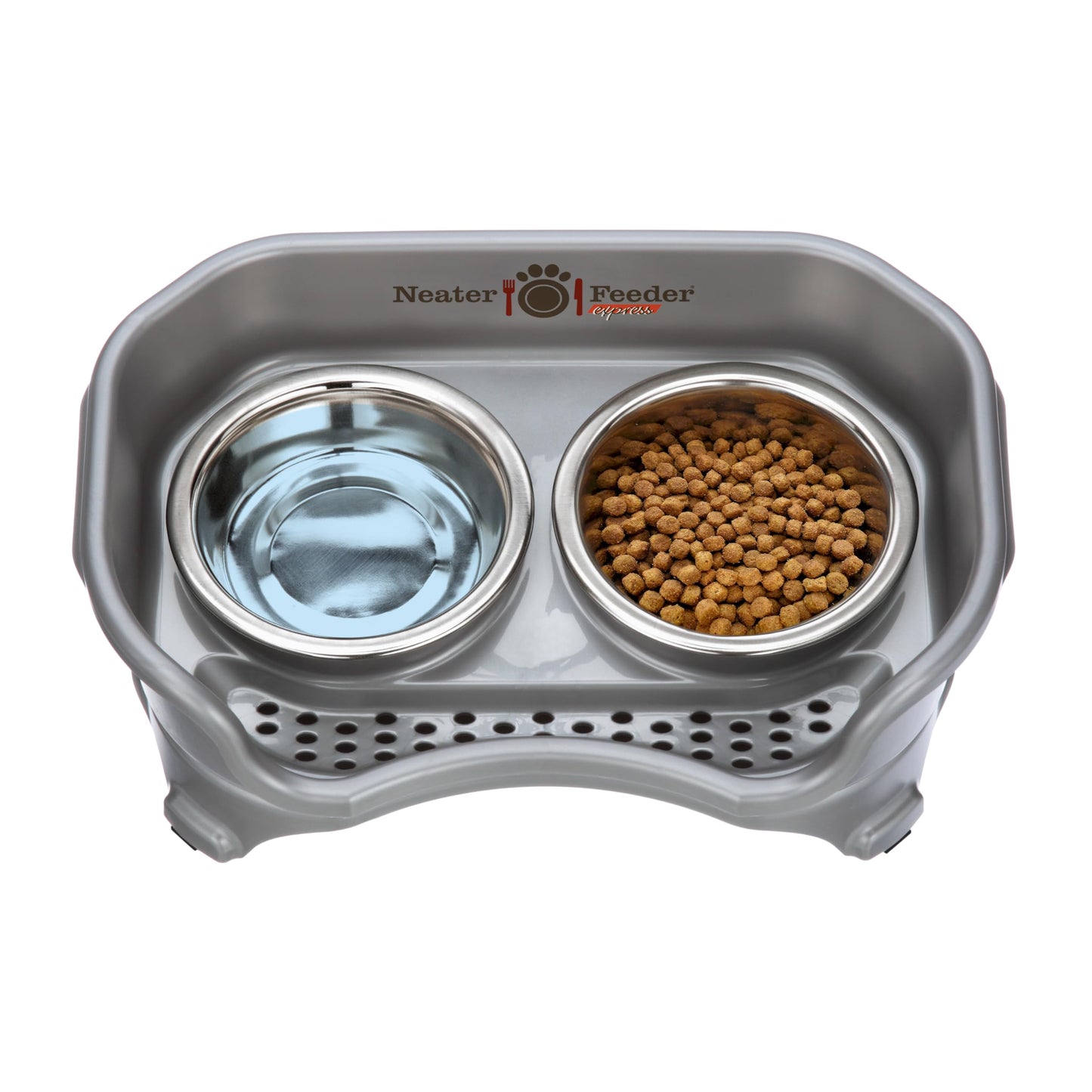 Neater Feeder Express for Cats - Mess Proof Pet Feeder with Stainless Steel Food & Water Bowls - Drip Proof, Non-Tip, and Non-Slip - Gunmetal Grey