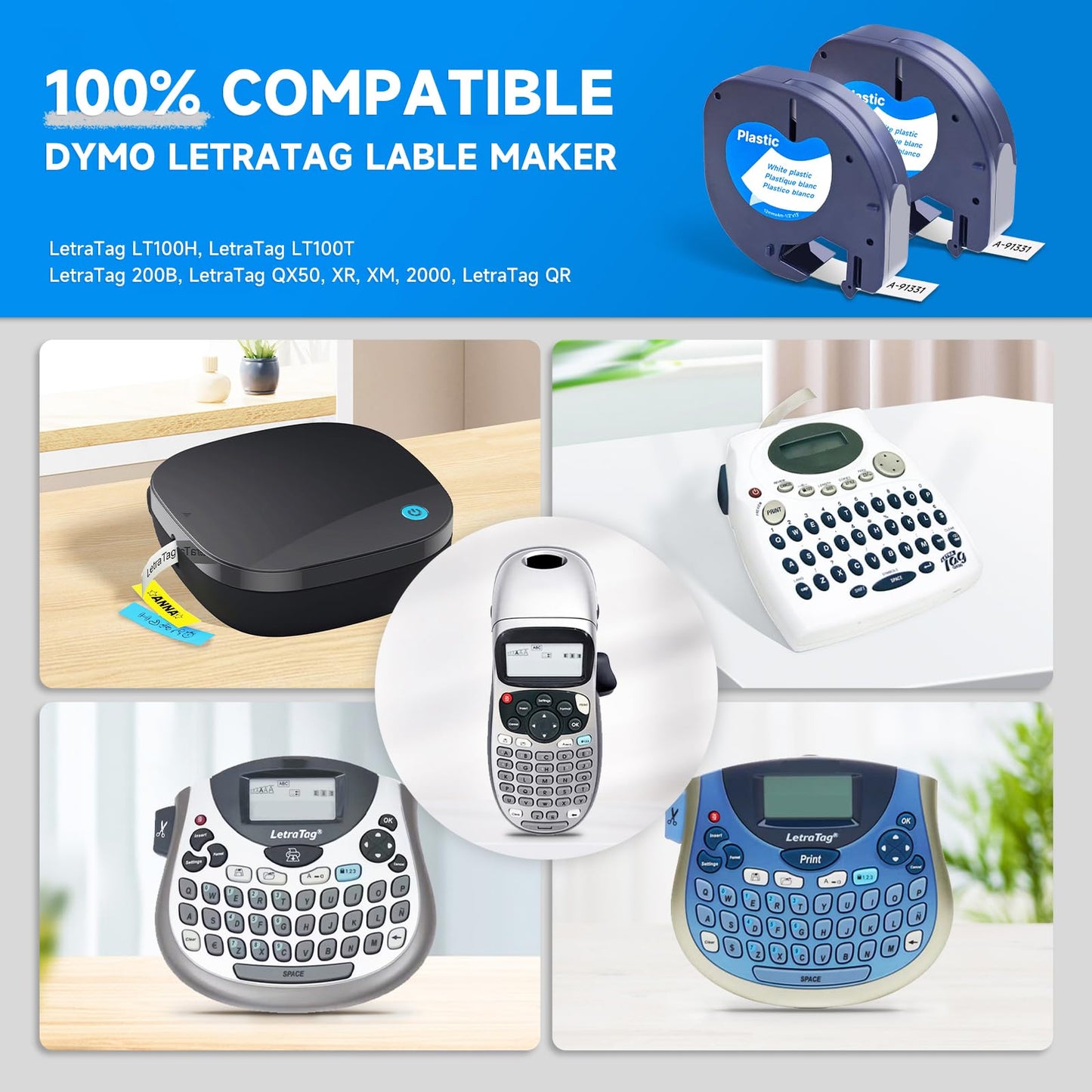 10PK Compatible with Dymo Letratag Refills 91331(S0721610) Plastic Label Tape Black on White for DYMO Label Maker LT-100H, LT-100T, LT-110T, QX50,1/ 2inch x 13 Feet(12mmx4m)