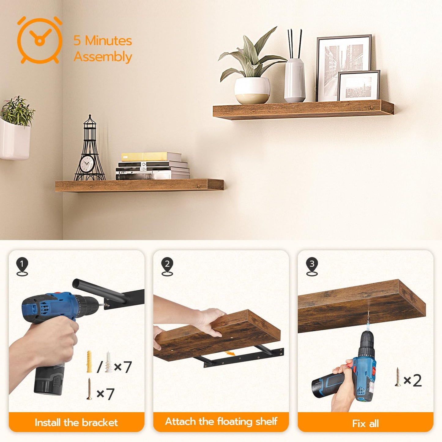 HOOBRO Floating Shelves, Rustic Brown Wall Shelf Set of 2, 60 cm Hanging Shelves with Invisible Brackets, for Bathroom, Bedroom, Toilet, Kitchen, Office, Living Room Decor BF60BJ01