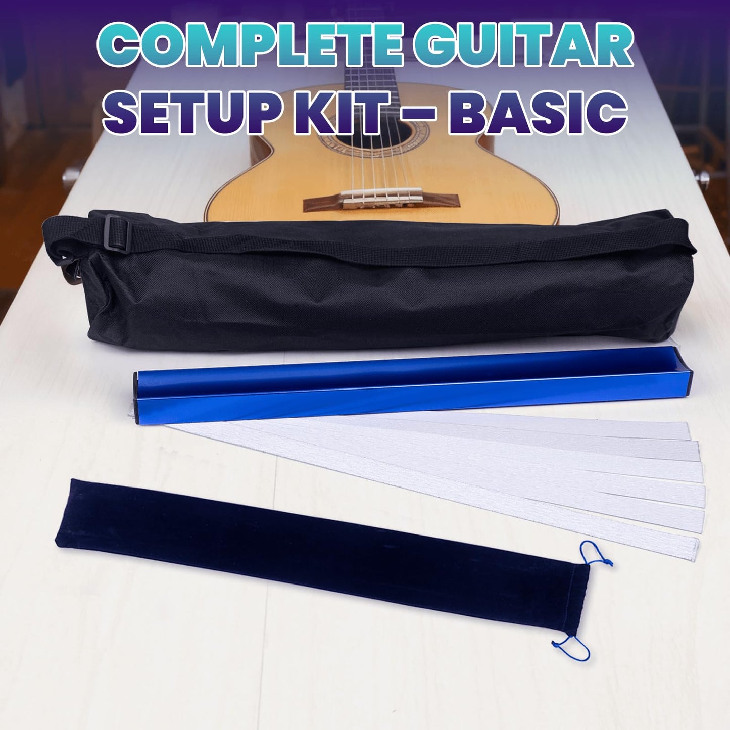 18" Fret Leveling Beam Guitar Fret Leveler Kit – Complete Guitar Tool Set with 12 Sandpaper Sheets (120–1000 Grit) & Storage Bags for DIY Fret Maintenance