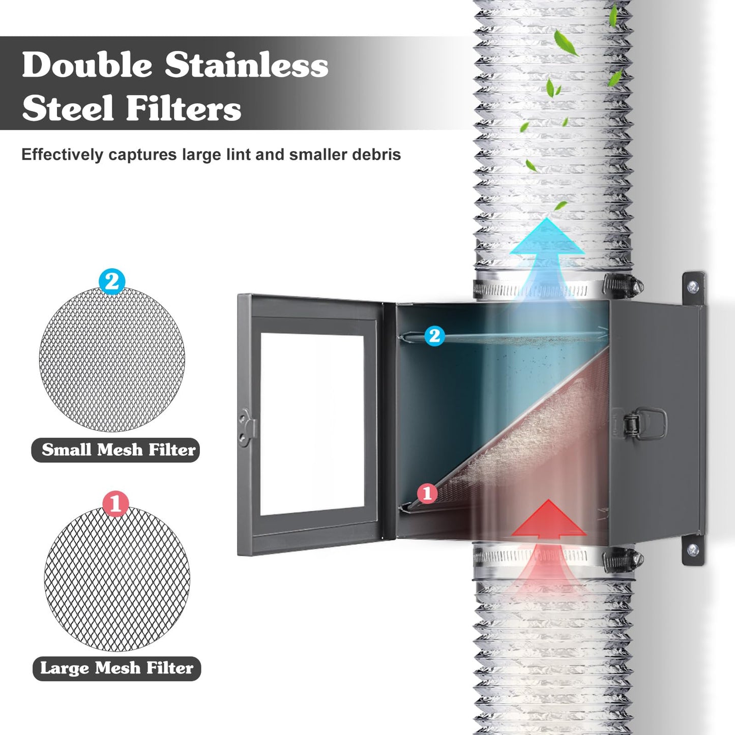 HOEMEM Dryer Duct Lint Trap, Indoor Dryer Vent Kit Dryer Lint Catcher with 8FT 4" Dryer Vent Hose, 2 Hose Clamps, 2 Stainless Steel Mesh for Electric Dryers
