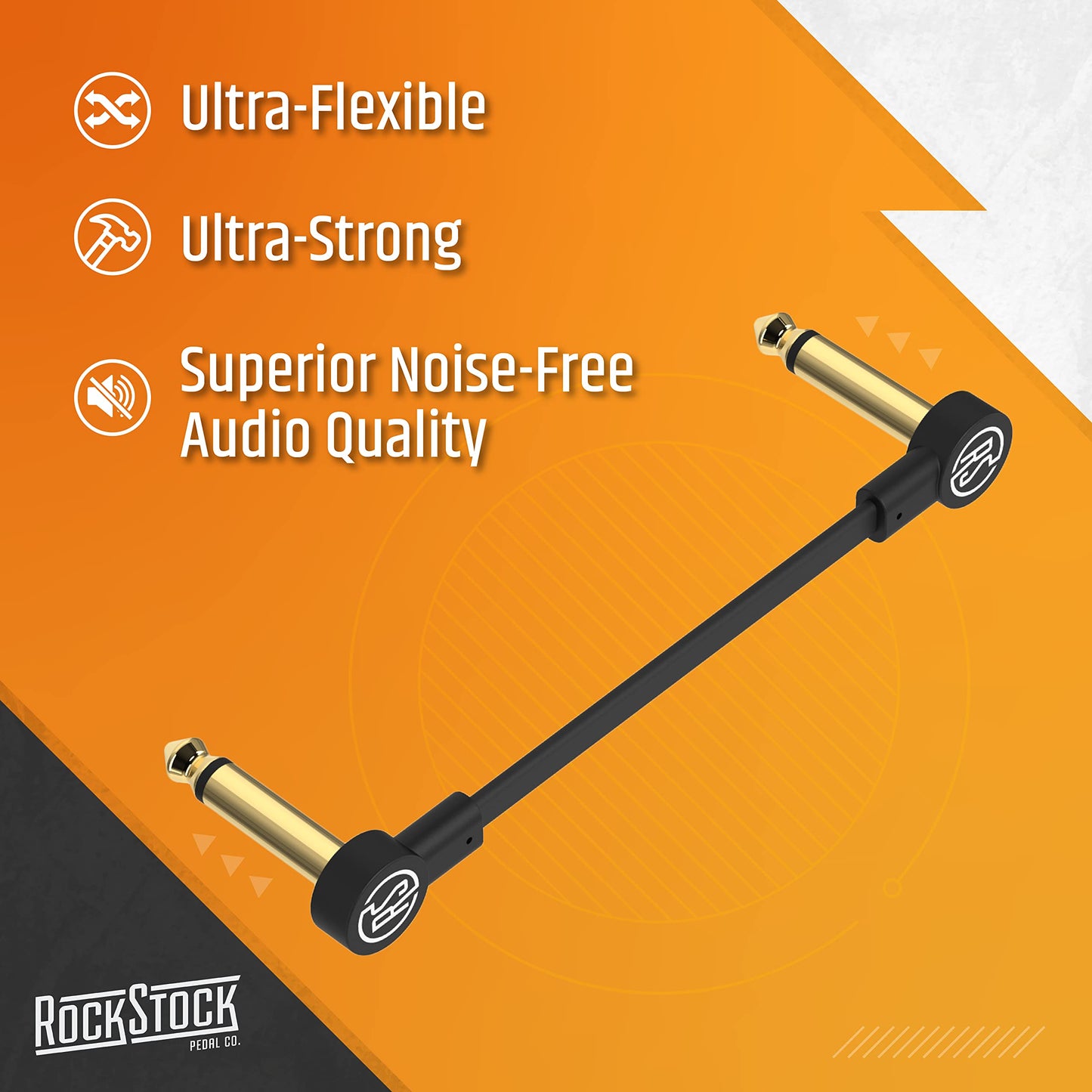 Rock Stock Guitar Flat Patch Cables (Pack of 3) - 2 Inch C-Shape Ultra-Thin Effect Guitar Pedal Patch Cables - Right-Angle, Black with Durable Gold Plated Connectors, Maximize Pedalboard Space