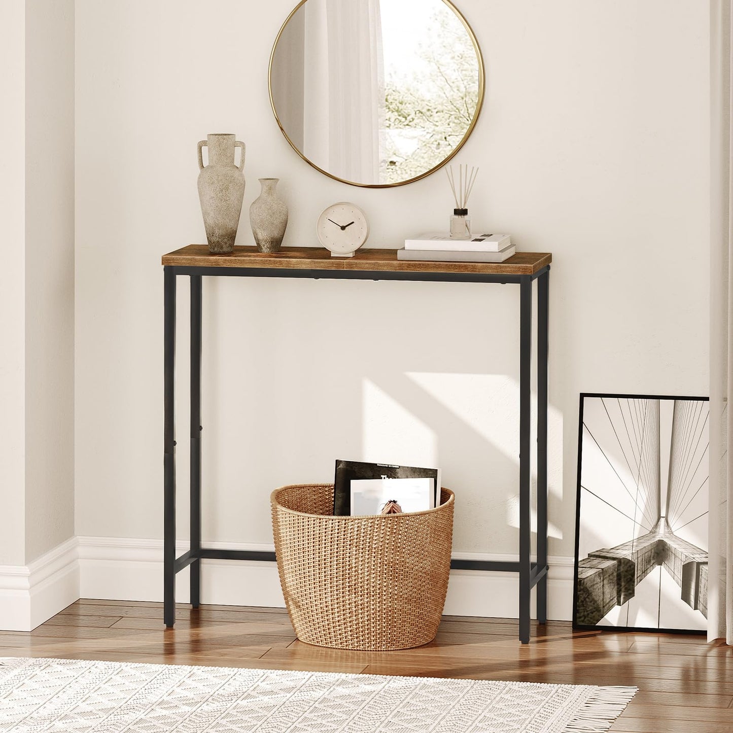 HOOBRO Narrow Console Table, 75 cm Entryway Table, Small Sofa Side Table, Display Table, for Hallway, Bedroom, Living Room, Foyer, Rustic Brown and Black BF75XG01