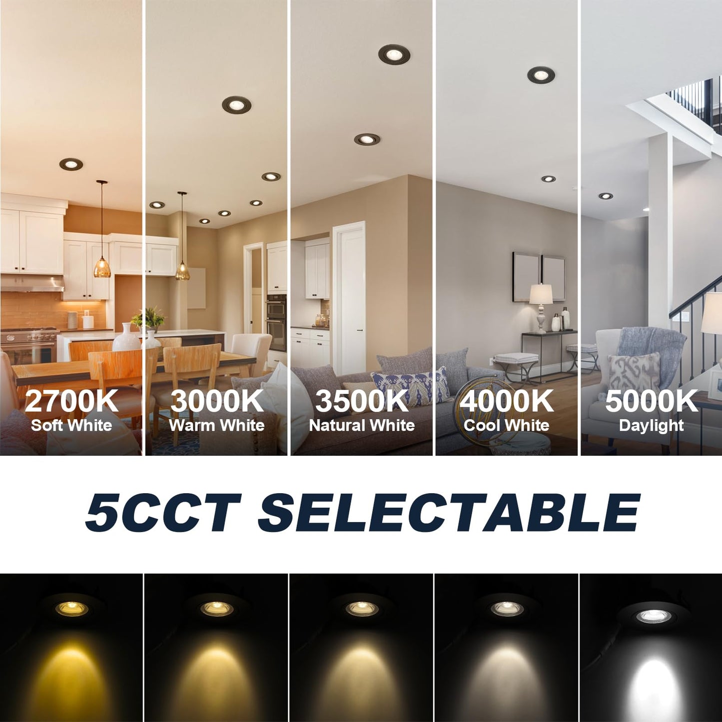 4 Pack Black LULIT 4-inch 5 CCT Gimbal LED Recessed/Downlight Color Selectable 2700K/3000K/3500K/4000K/5000K 800Lm 9W 120V Dimness Adjustable LED Lights