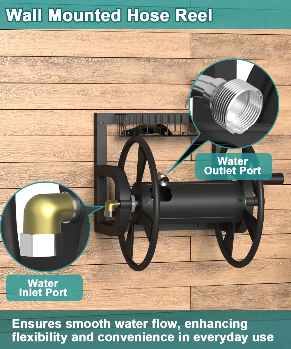 Artigarden Garden Wall Mounted Hose Reel, Outdoor Heavy-Duty Water Hose Holder Winder, Holds 125 Feet of 5/8-Inch Hose, with 3.9 ft Leader Hose, Brass Fitting and Storage Basket for Yard, Black
