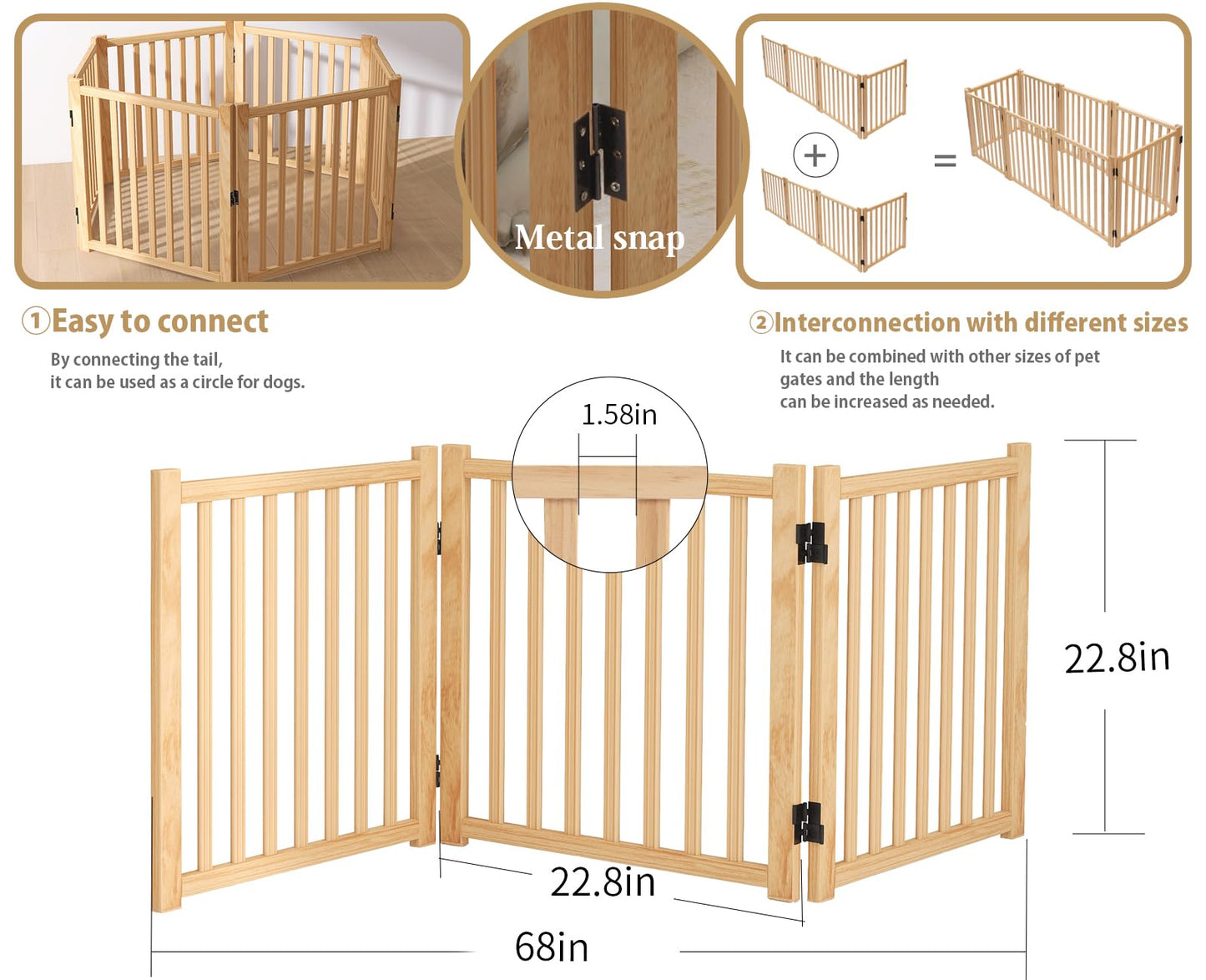 Oapety Solid Wood Freestanding Pet Gate,Nature Wood Dog Gates for Doorways The House,Pet Gate for Stairs,Freestanding Indoor Gate Safety Fence (H 23.6'' 3 Panel)