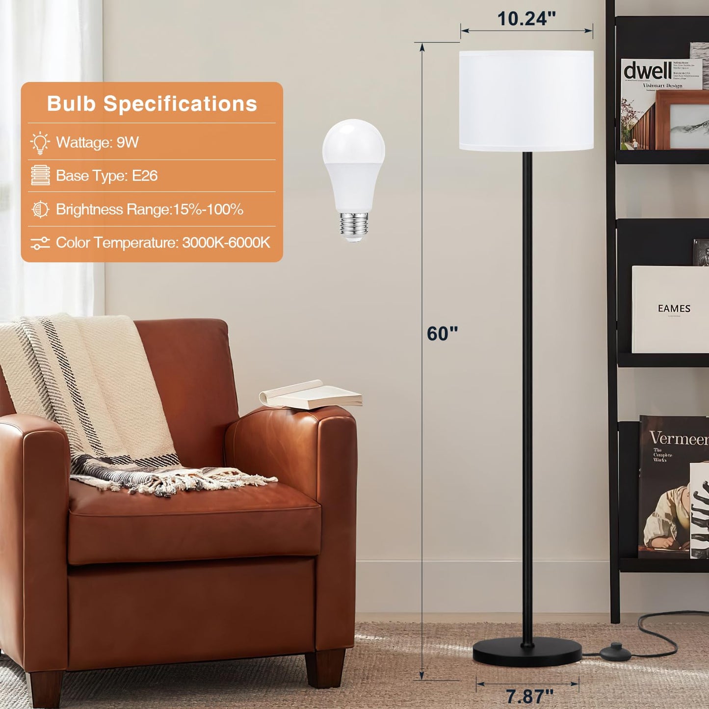 Ambimall Modern Floor Lamp with Remote Control and 9W Bulb, Brightness and Color Temperature Adjustable, 60" Tall Lamps for Living Room Bedroom Office Dining Room Kitchen