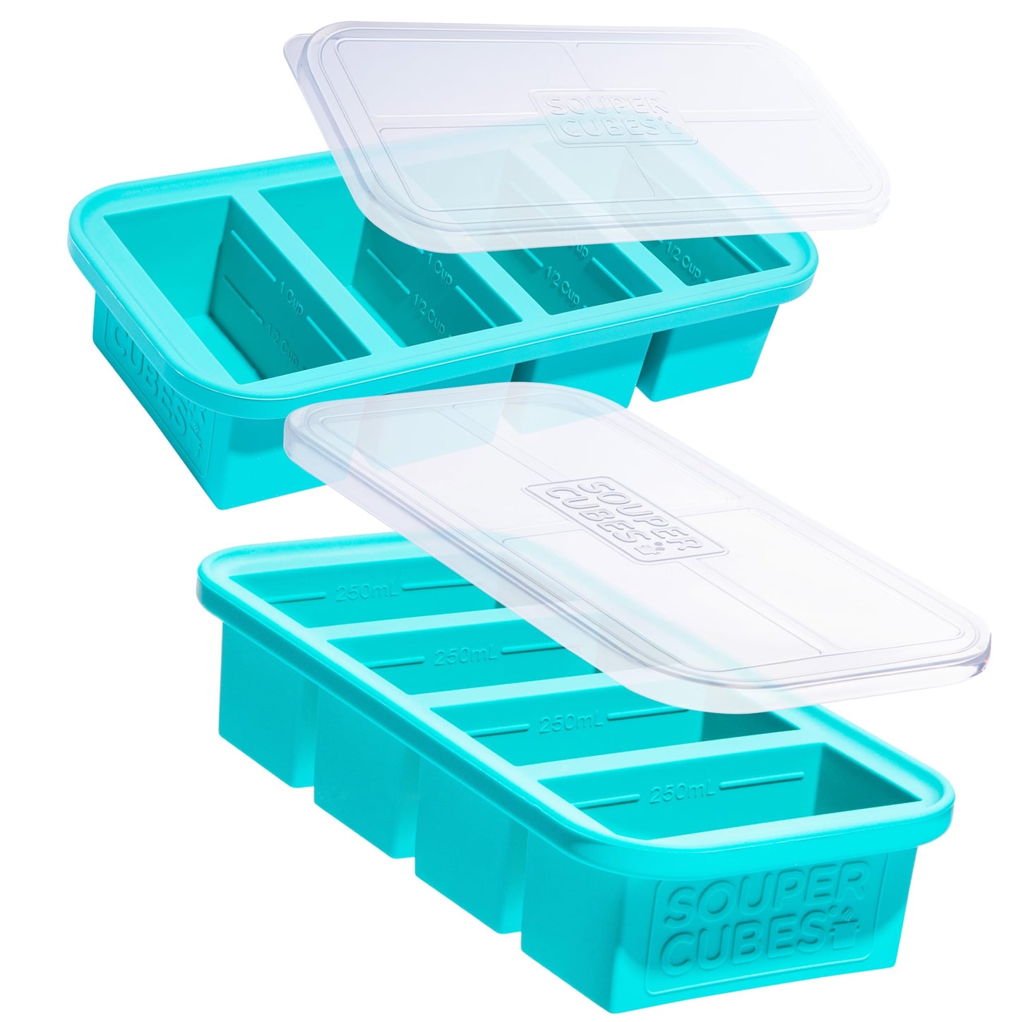 Souper Cubes 250mL/1 Cup Silicone Freezer Tray with Lids, Perfect for Storing Broth, Leftovers, Rice, Sauce and More, Silicone Soup Freezer Molds for Meal Prepping - Aqua - 2-Pack