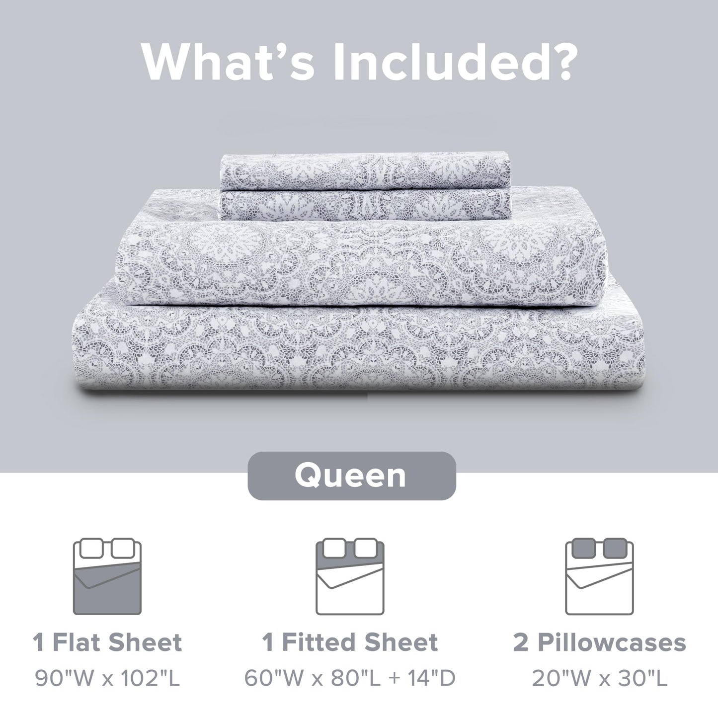 Comfort Spaces 100% Cotton Sheets Queen, Breathable, Naturally Cool Cotton Sheets, Soft Cotton Bed Sheets with 14" Elastic Pocket Fits up to 16" Mattress, All Seasons Sheet Set, Adelia Gray 4 Piece