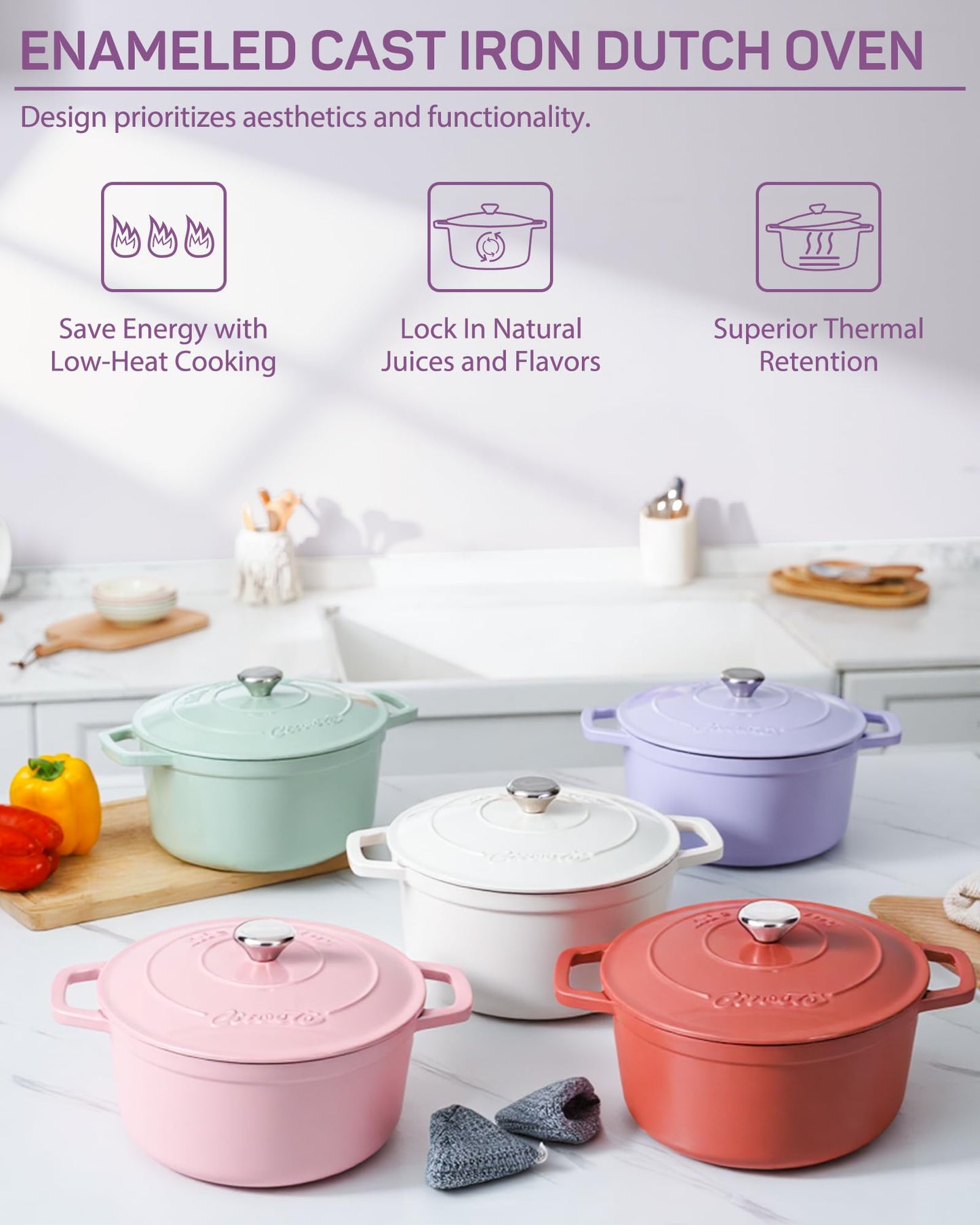 Ciwete Enameled Cast Iron Dutch Oven – 6 Quart Pot with Lid & Potholders – Heavy-Duty Cookware for Bread Baking, Braising, Stews & Roasting – Oven & Stovetop Safe up to 500°F – Purple