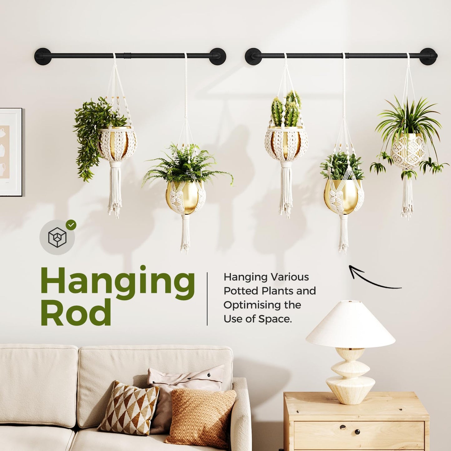 Bamworld Hanging Planters 2PCS for Indoor Plants Hanging Plant Holder Plant Hanger Indoor Ceiling Window Plant Shelves Wall Mount Black Metal Rod(Pot&Plant Not Included)