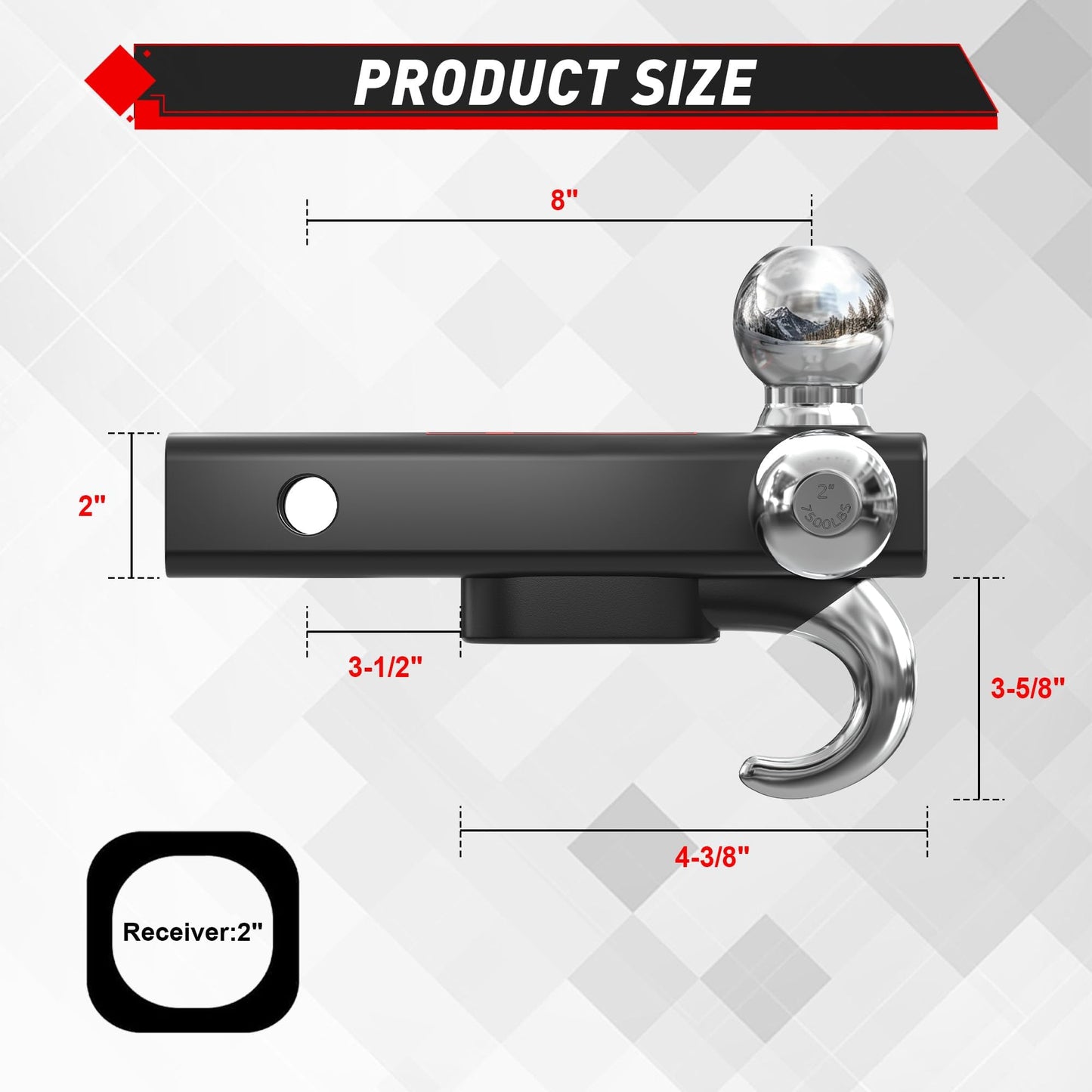 TYT Trailer Hitch Tri Ball Mount with Tow Hook,Fits 2 inch Receiver,Triple Balls (1-7/8", 2", 2-5/16"),10,000 lbs GTW,1,000 lbs TW,with Hitch pin