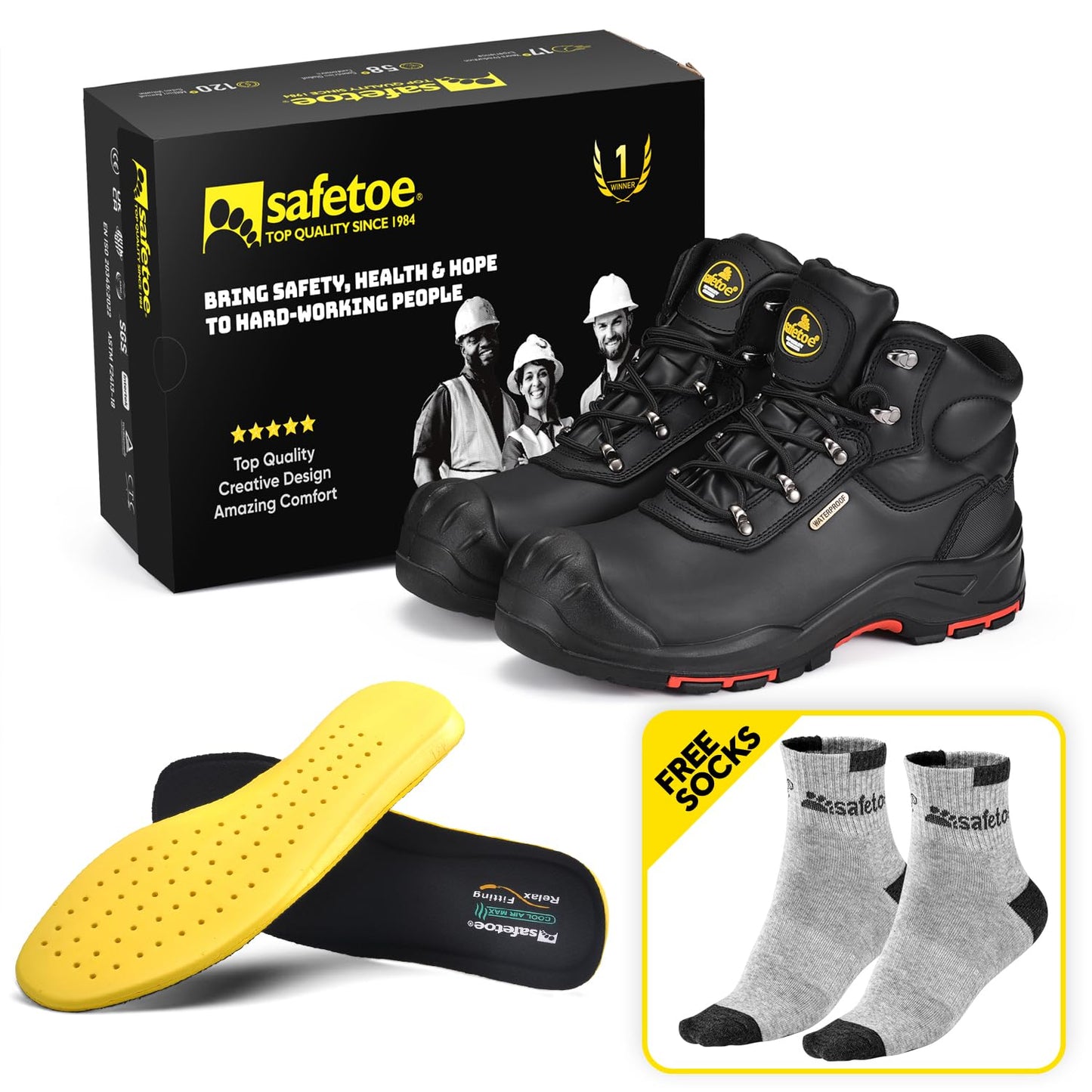 SAFETOE Safety Boots for Men Composite Toe Work Boots Lightweight Cow Leather Puncture Proof Slip On Work Boots Wide Fit(Size 13)