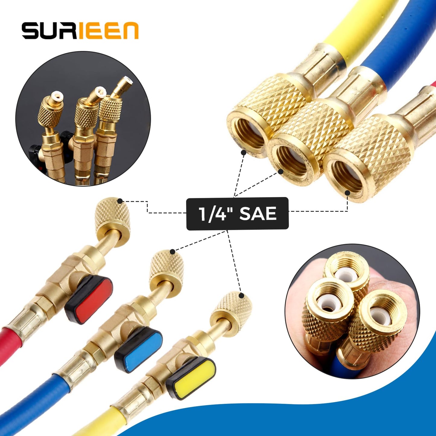 Refrigerant Charging Hose with Ball Valves for R410A R134A R12 R22 R502 R404 Refrigerant Charging Hoses HVAC, 1/4'' SAE HVAC Manifold Hose Set 800 PSI Red/Yellow/Blue (3pcs)