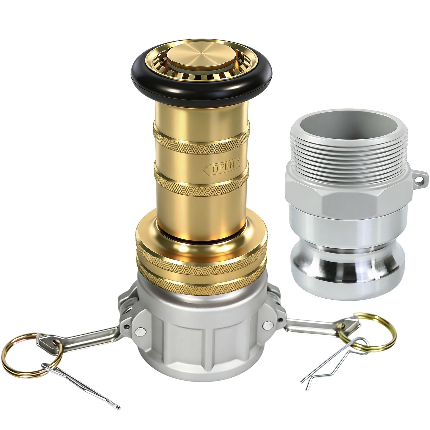 SpringSpray 2" NPSH Brass Industrial Fire Hose Nozzle with 2 x Aluminum 2 inch Camlock Fittings Couplings Fire Equipment Constant Flow Heavy-Duty Fog Nozzle
