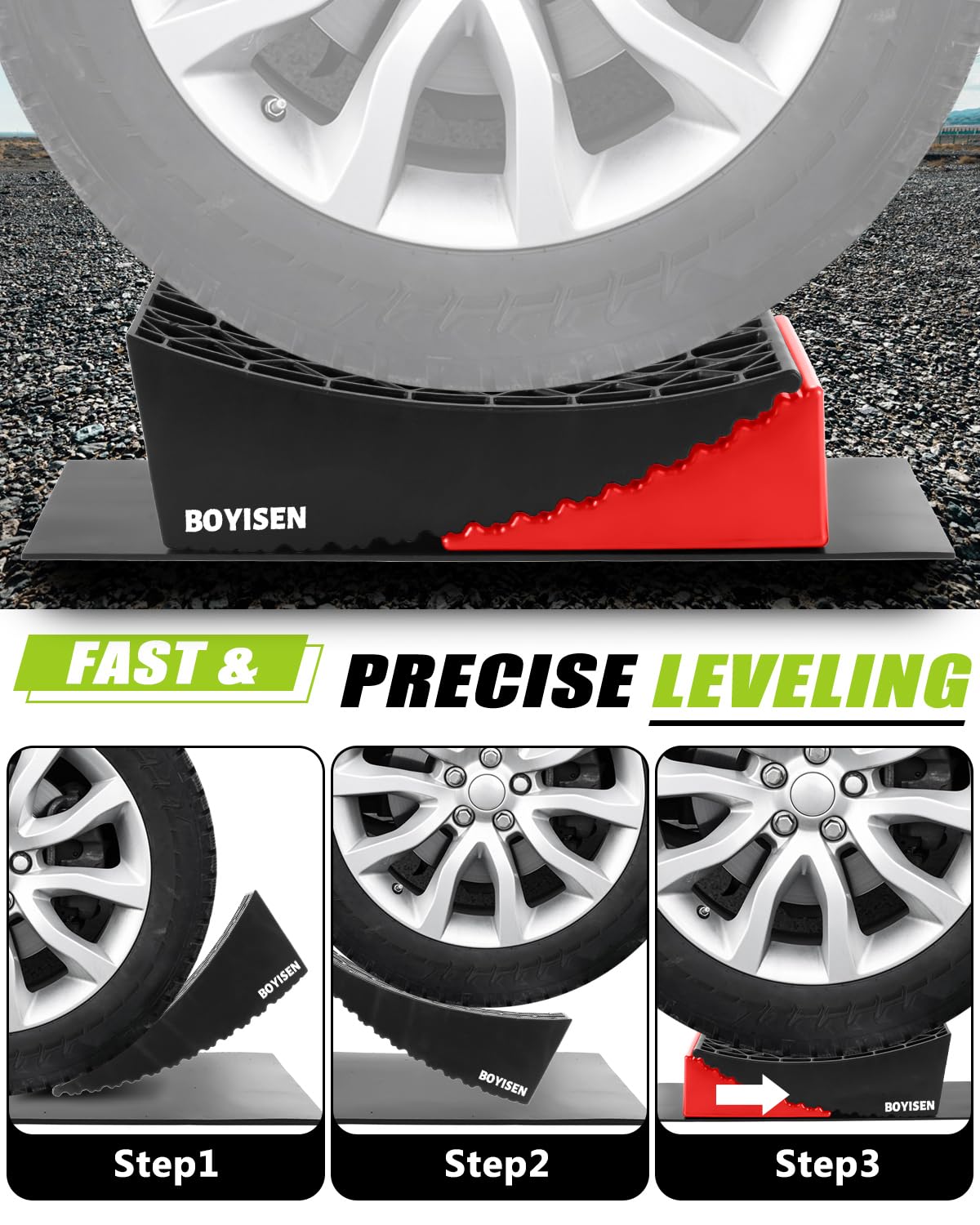 BOYISEN Camper Levelers 2 Pack - RV Leveling Blocks Ramp Kit Support Dual Axles Tandem Wheel Up to 35,000lbs RV Levelers with 2 Levelers 2 Chocks 2 Anti-Slip Mats and Carrying Bag Black